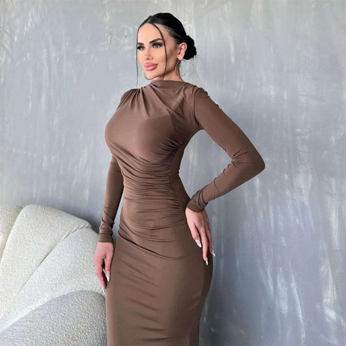 KIMLUD, Elegant O-neck Long Sleeve High Waist Solid Long Dresses for Women Streetwear 2023 Autumn Winter Tunic Bodycon Office Work Dress, KIMLUD Womens Clothes