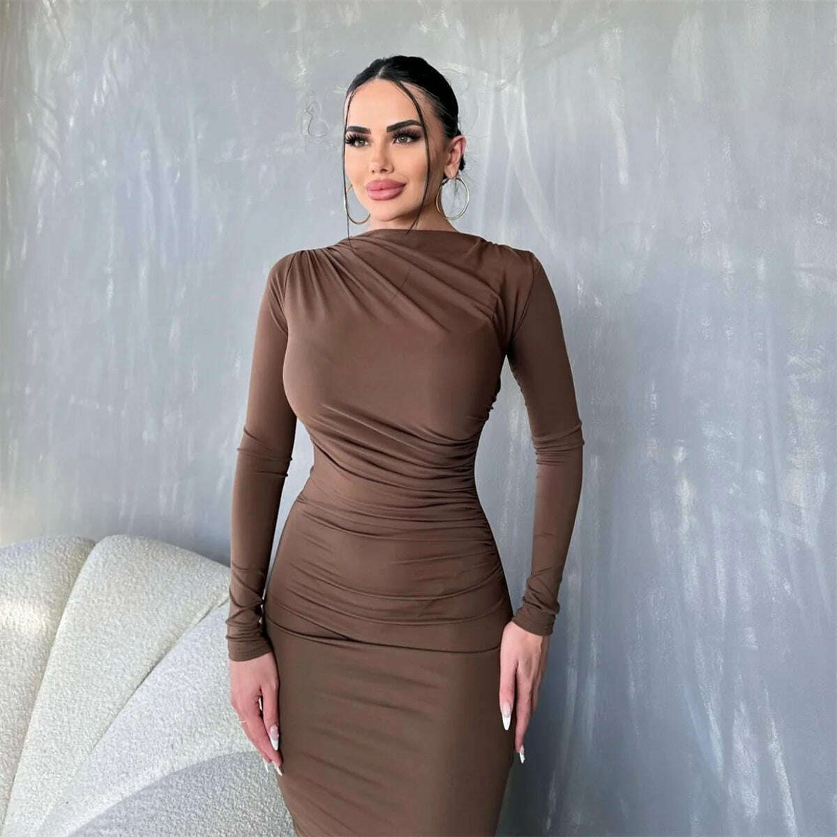 KIMLUD, Elegant O-neck Long Sleeve High Waist Solid Long Dresses for Women Streetwear 2023 Autumn Winter Tunic Bodycon Office Work Dress, KIMLUD Womens Clothes