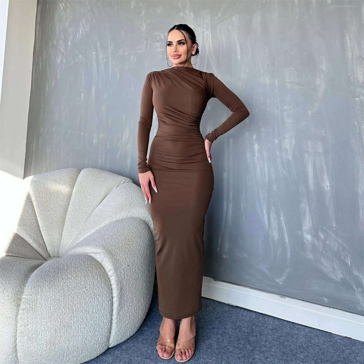 KIMLUD, Elegant O-neck Long Sleeve High Waist Solid Long Dresses for Women Streetwear 2023 Autumn Winter Tunic Bodycon Office Work Dress, KIMLUD Womens Clothes