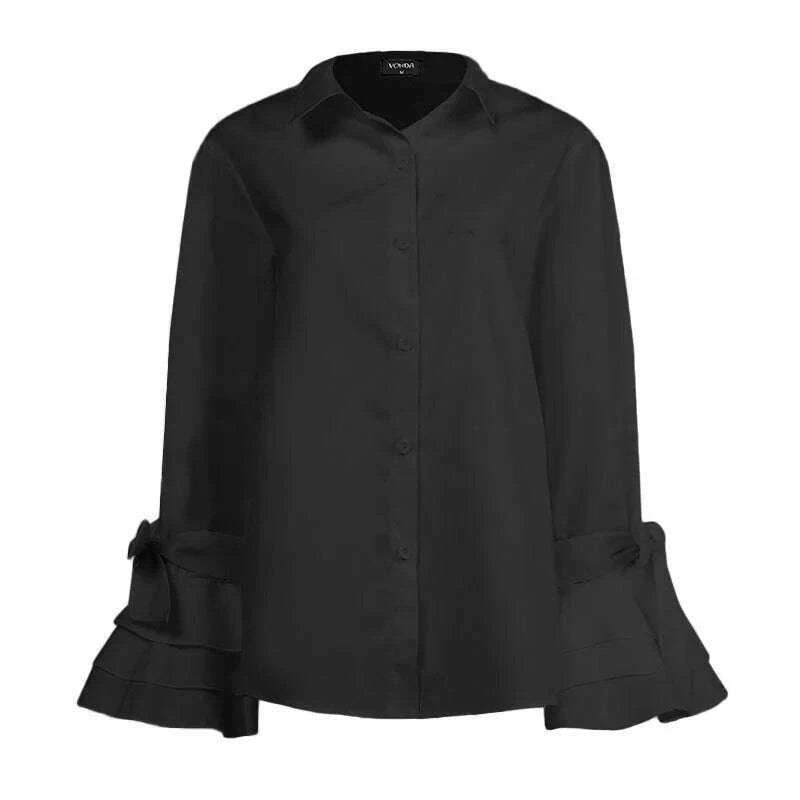 KIMLUD, Elegant Office Blouse Women Fashion Shirts Tunic 2024 VONDA Long Flare Sleeve Tops Casual Solid Buttons Party Blusas Femininas, KIMLUD Womens Clothes