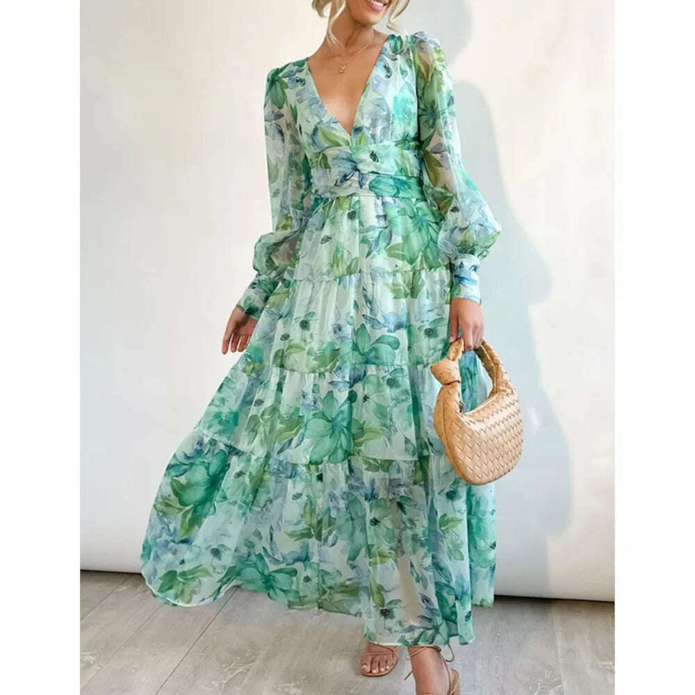 Elegant Party Dress Autumn Deep V- Neck Bohemia High Waist Slim Big Hem Fashion Vacation Long Dresses For Women 2023 Vestidos - KIMLUD