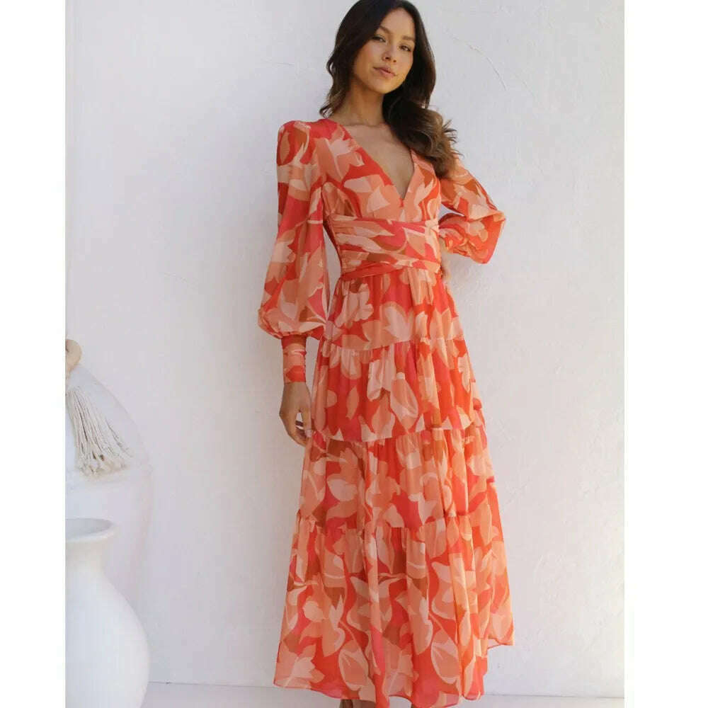 Elegant Party Dress Autumn Deep V- Neck Bohemia High Waist Slim Big Hem Fashion Vacation Long Dresses For Women 2023 Vestidos - KIMLUD