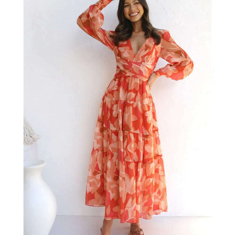 Elegant Party Dress Autumn Deep V- Neck Bohemia High Waist Slim Big Hem Fashion Vacation Long Dresses For Women 2023 Vestidos - KIMLUD