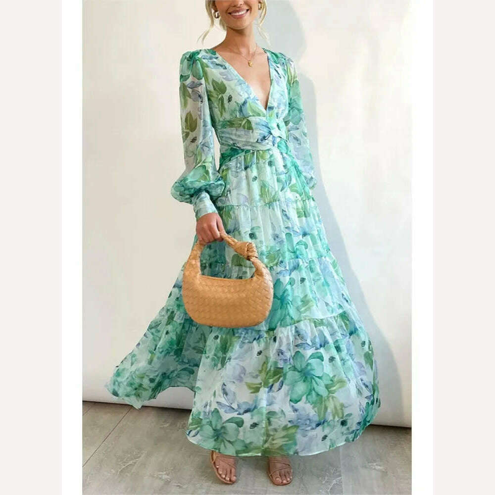 Elegant Party Dress Autumn Deep V- Neck Bohemia High Waist Slim Big Hem Fashion Vacation Long Dresses For Women 2023 Vestidos - KIMLUD