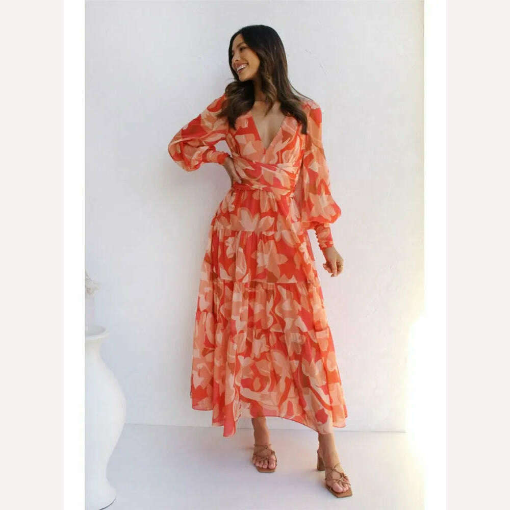 Elegant Party Dress Autumn Deep V- Neck Bohemia High Waist Slim Big Hem Fashion Vacation Long Dresses For Women 2023 Vestidos - KIMLUD