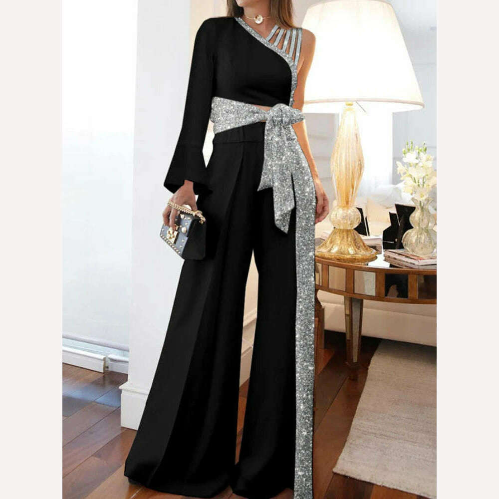 Elegant Patchwork Shiny Glitter Halter Party 2pc Sets Women Fashion Wi
