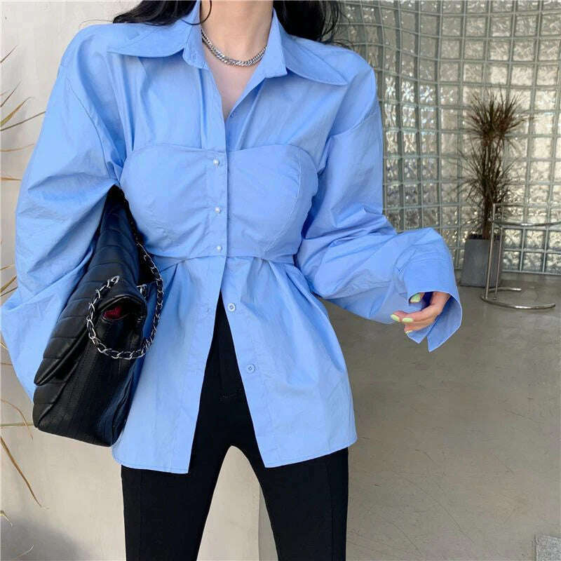 Elegant Patchwork Shirts Women Korean Fake Two Pieces White Blouses Streetwear Office Outfits Fashion Long Sleeve Chic Tops New - KIMLUD