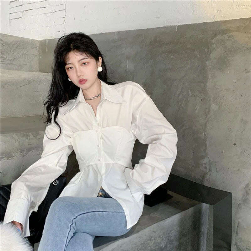 Elegant Patchwork Shirts Women Korean Fake Two Pieces White Blouses Streetwear Office Outfits Fashion Long Sleeve Chic Tops New - KIMLUD