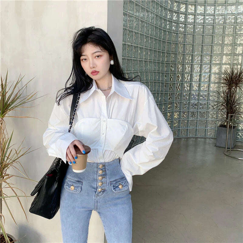 Elegant Patchwork Shirts Women Korean Fake Two Pieces White Blouses Streetwear Office Outfits Fashion Long Sleeve Chic Tops New - KIMLUD