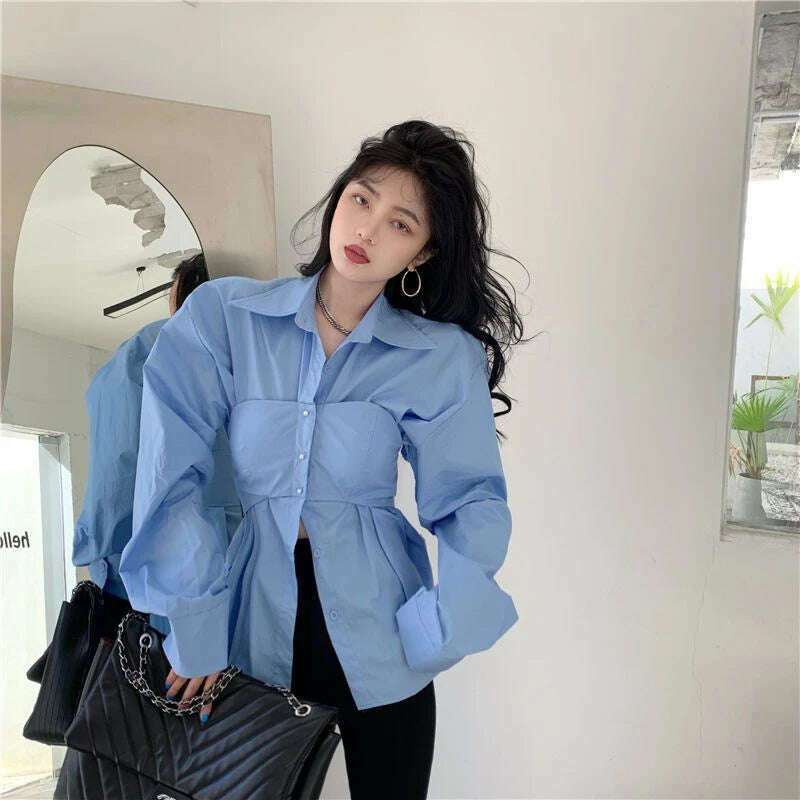 Elegant Patchwork Shirts Women Korean Fake Two Pieces White Blouses Streetwear Office Outfits Fashion Long Sleeve Chic Tops New - KIMLUD