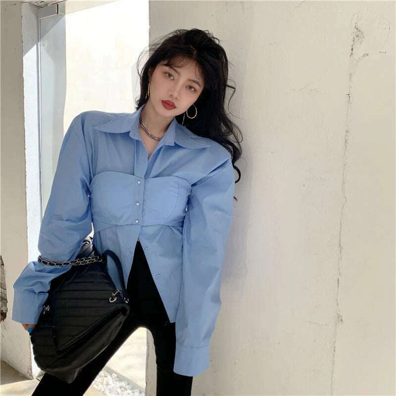 Elegant Patchwork Shirts Women Korean Fake Two Pieces White Blouses Streetwear Office Outfits Fashion Long Sleeve Chic Tops New - KIMLUD