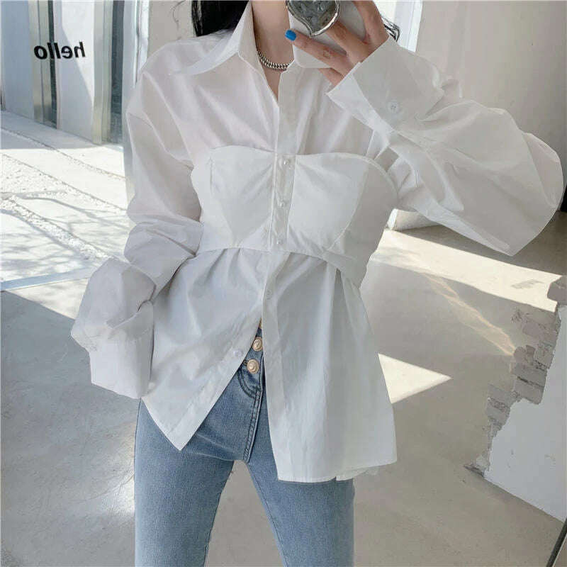 Elegant Patchwork Shirts Women Korean Fake Two Pieces White Blouses Streetwear Office Outfits Fashion Long Sleeve Chic Tops New - KIMLUD