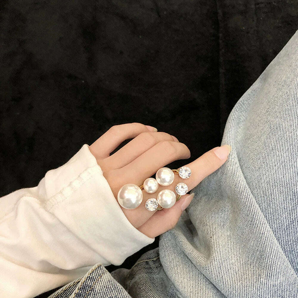 KIMLUD, Elegant Retro Oversize Multi Pearl Rings for Women Lady Shiny Crystal Rhinestone Irregular Charm Open Rings Jewelry, KIMLUD Womens Clothes