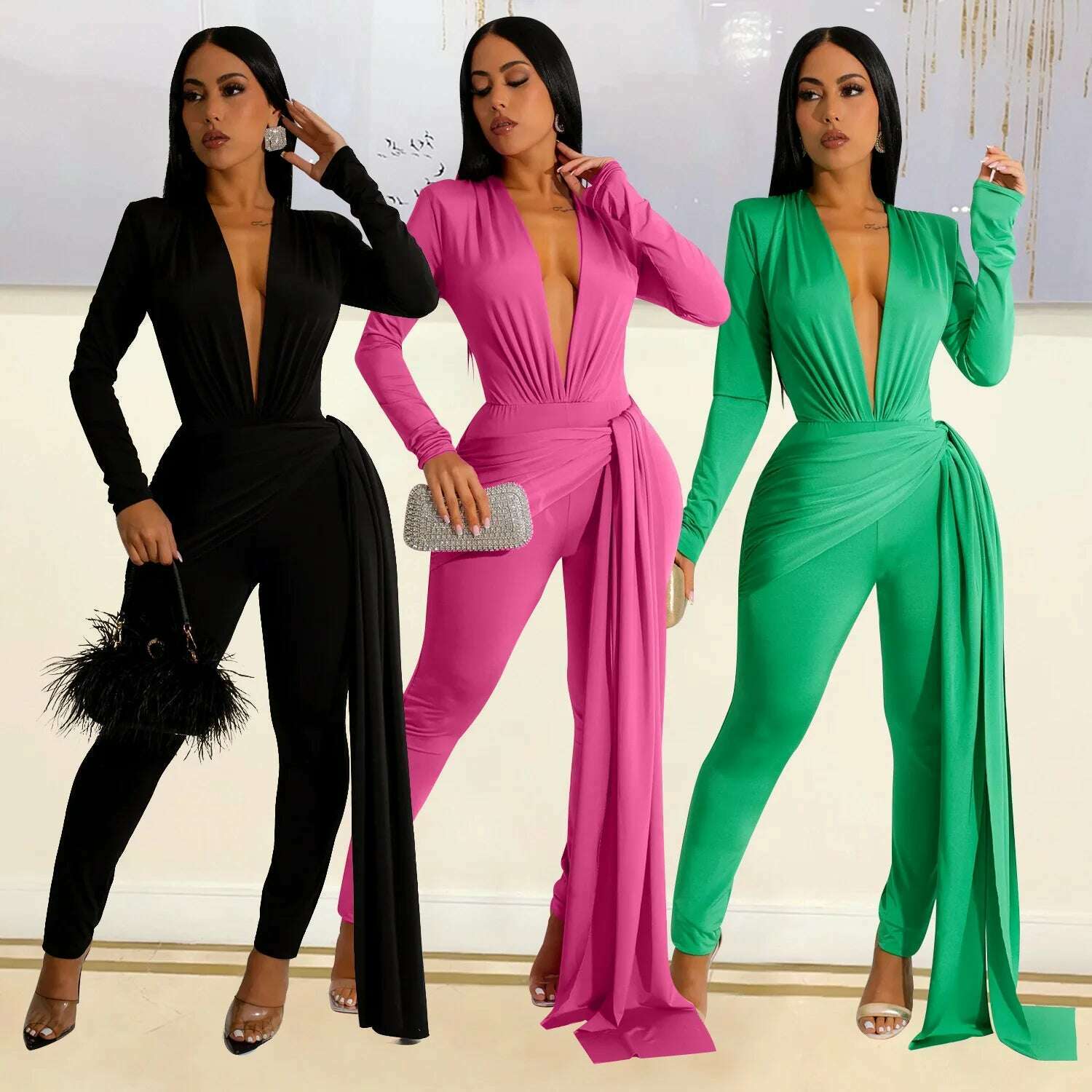 KIMLUD, Elegant Ribbon Bodycon Jumpsuits Sexy Long Sleeve Lace Up Romper Club Party Summer Women Clothes Overalls Luxury One Piece 2023, KIMLUD Women's Clothes