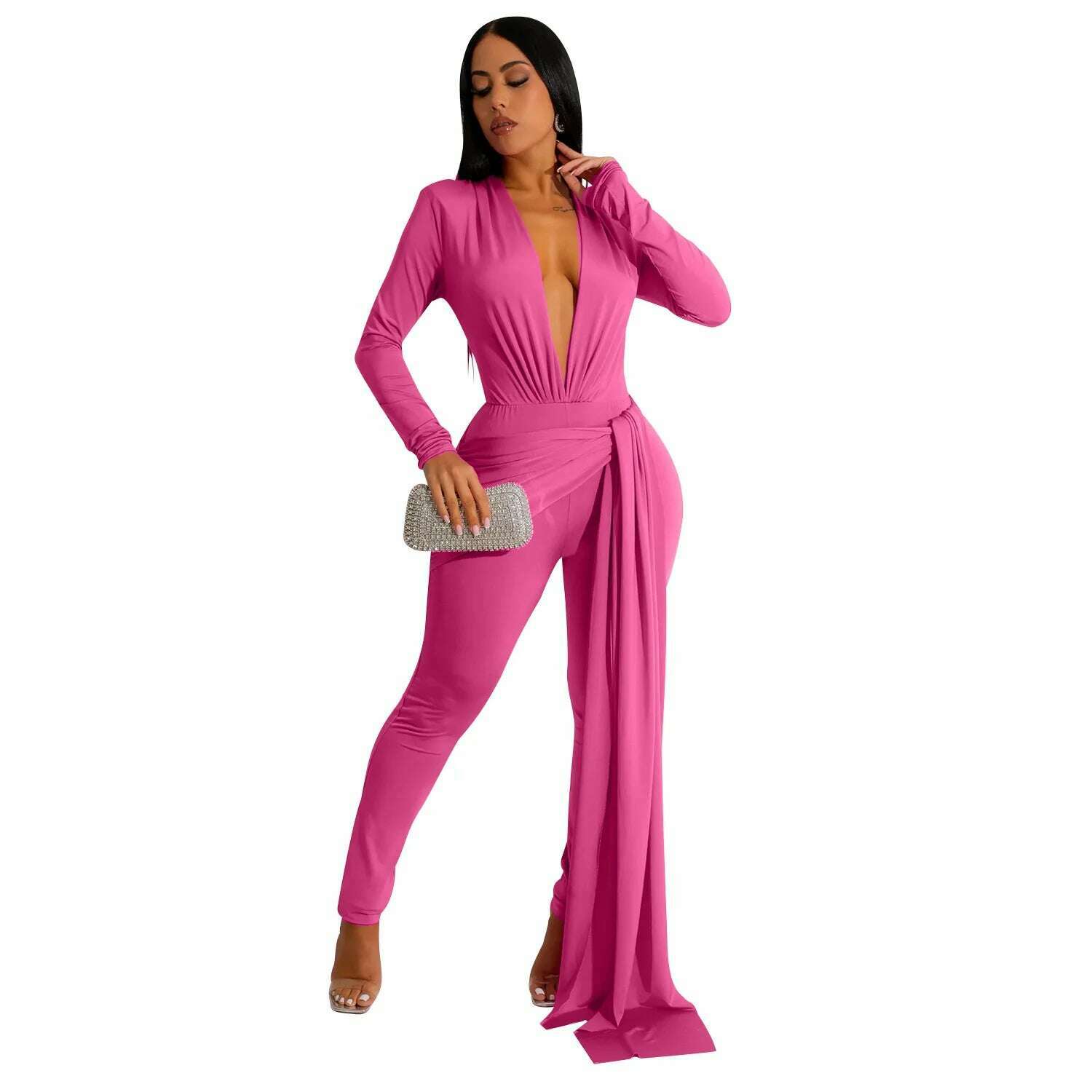 KIMLUD, Elegant Ribbon Bodycon Jumpsuits Sexy Long Sleeve Lace Up Romper Club Party Summer Women Clothes Overalls Luxury One Piece 2023, rosy / S, KIMLUD Womens Clothes