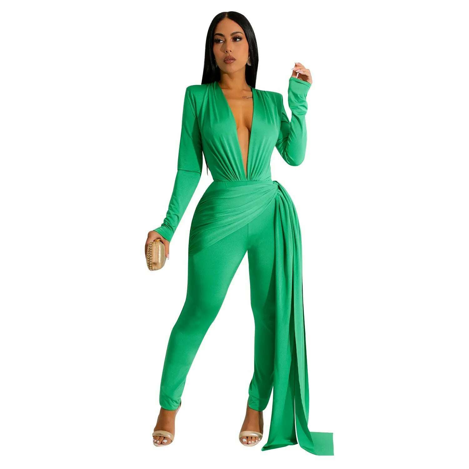 KIMLUD, Elegant Ribbon Bodycon Jumpsuits Sexy Long Sleeve Lace Up Romper Club Party Summer Women Clothes Overalls Luxury One Piece 2023, green / S, KIMLUD Womens Clothes
