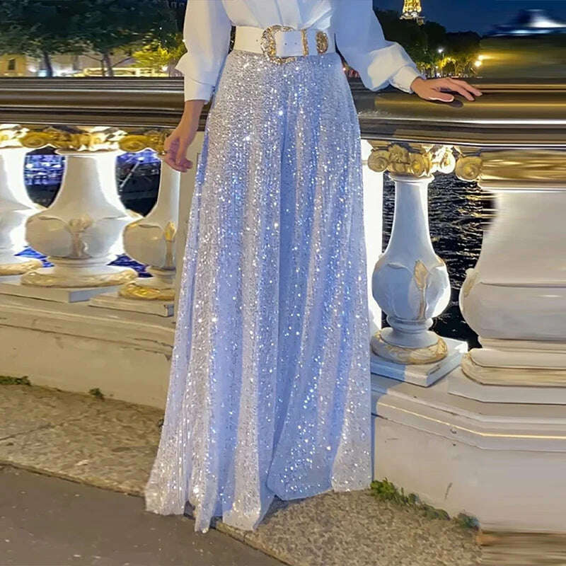 Elegant Sequin Wide Leg Pants Office Lady Spring Commute Suits Sexy Party V-Neck Blouse Top+Trousers Women Outfits Two Piece Set - KIMLUD