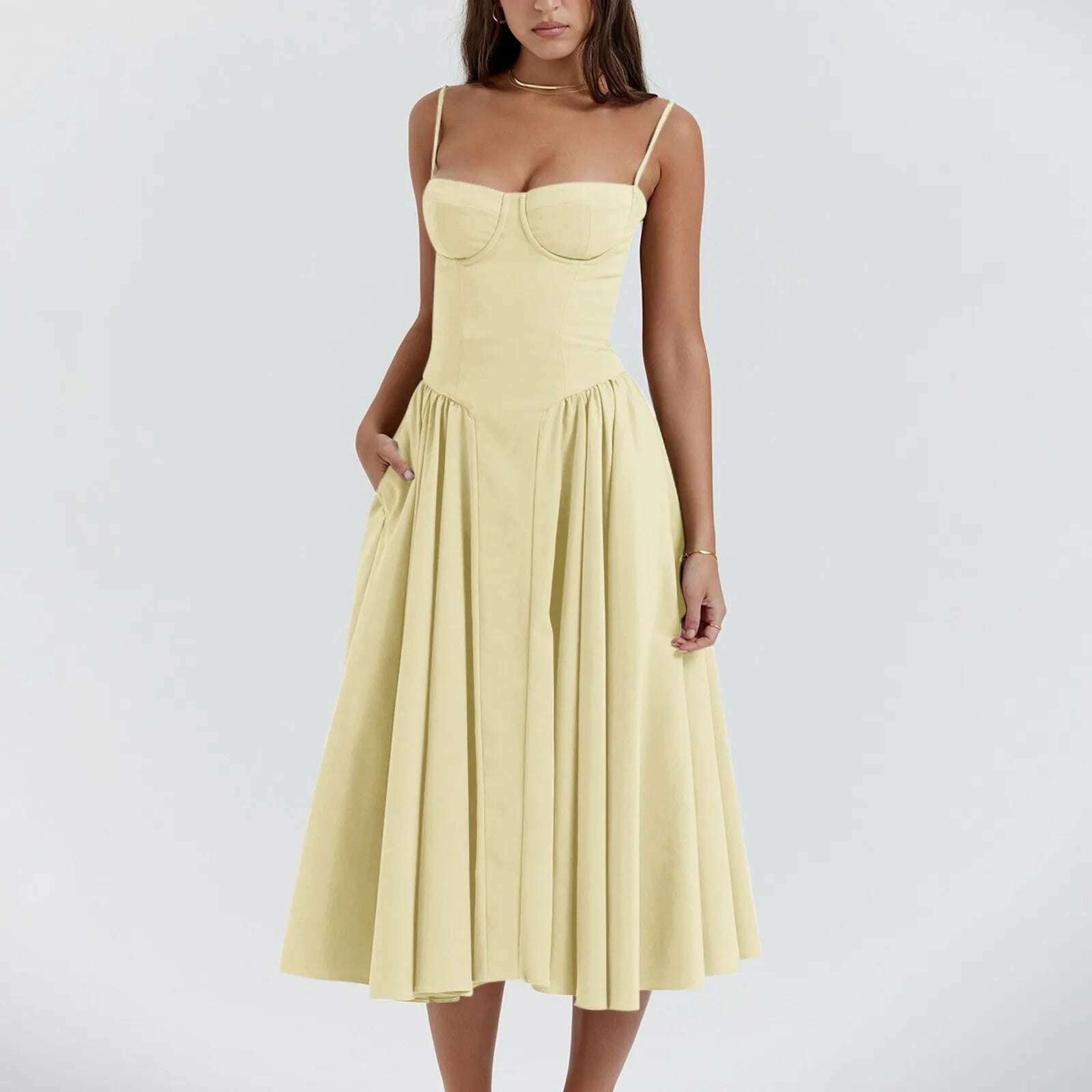 KIMLUD, Elegant Slim Backless Midi Dress Women Fashion Solid Suspender Dresses 2024 New Summer Female Party Evening Robes Vestidos, Yellow / L, KIMLUD APPAREL - Womens Clothes