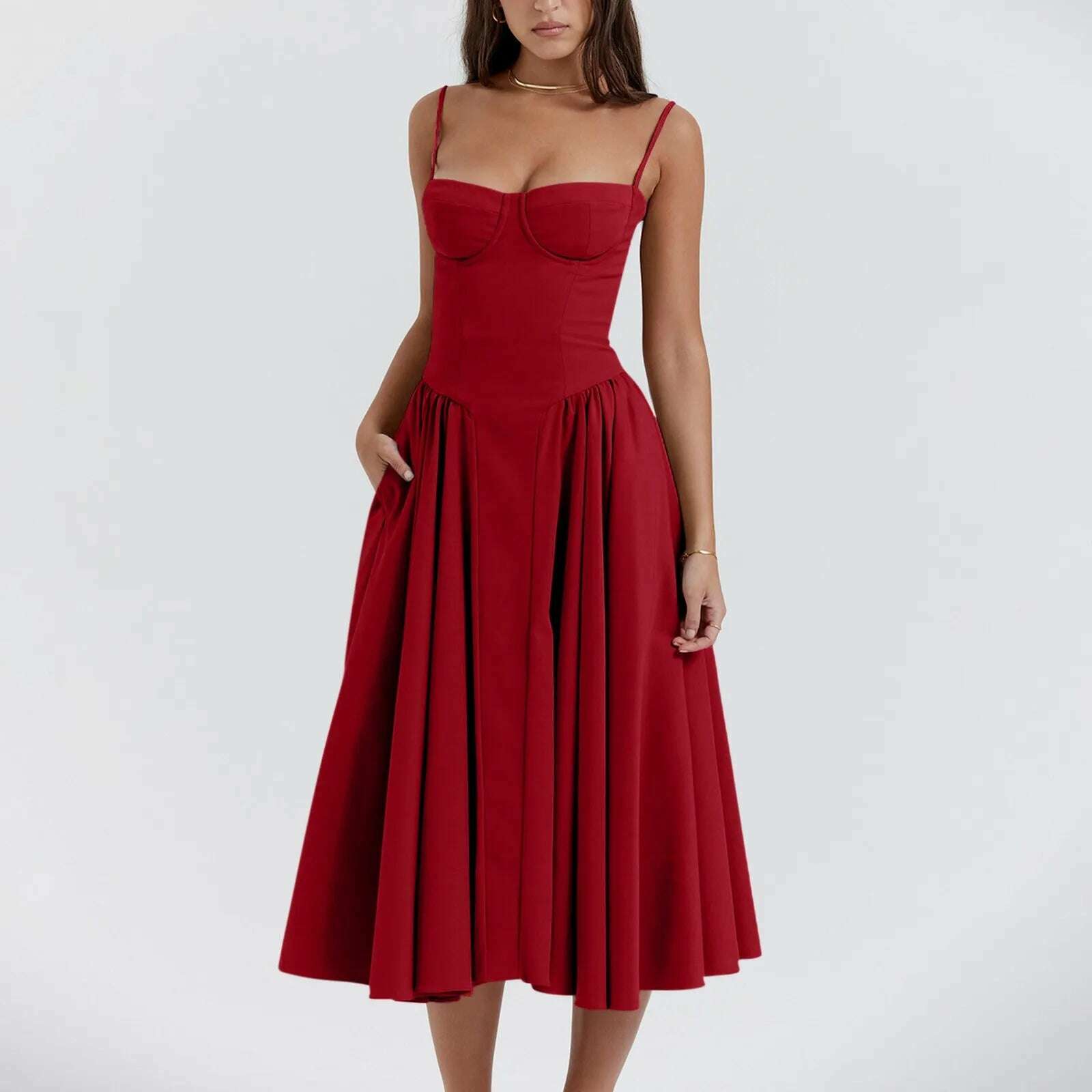 KIMLUD, Elegant Slim Backless Midi Dress Women Fashion Solid Suspender Dresses 2024 New Summer Female Party Evening Robes Vestidos, Red / XL, KIMLUD APPAREL - Womens Clothes