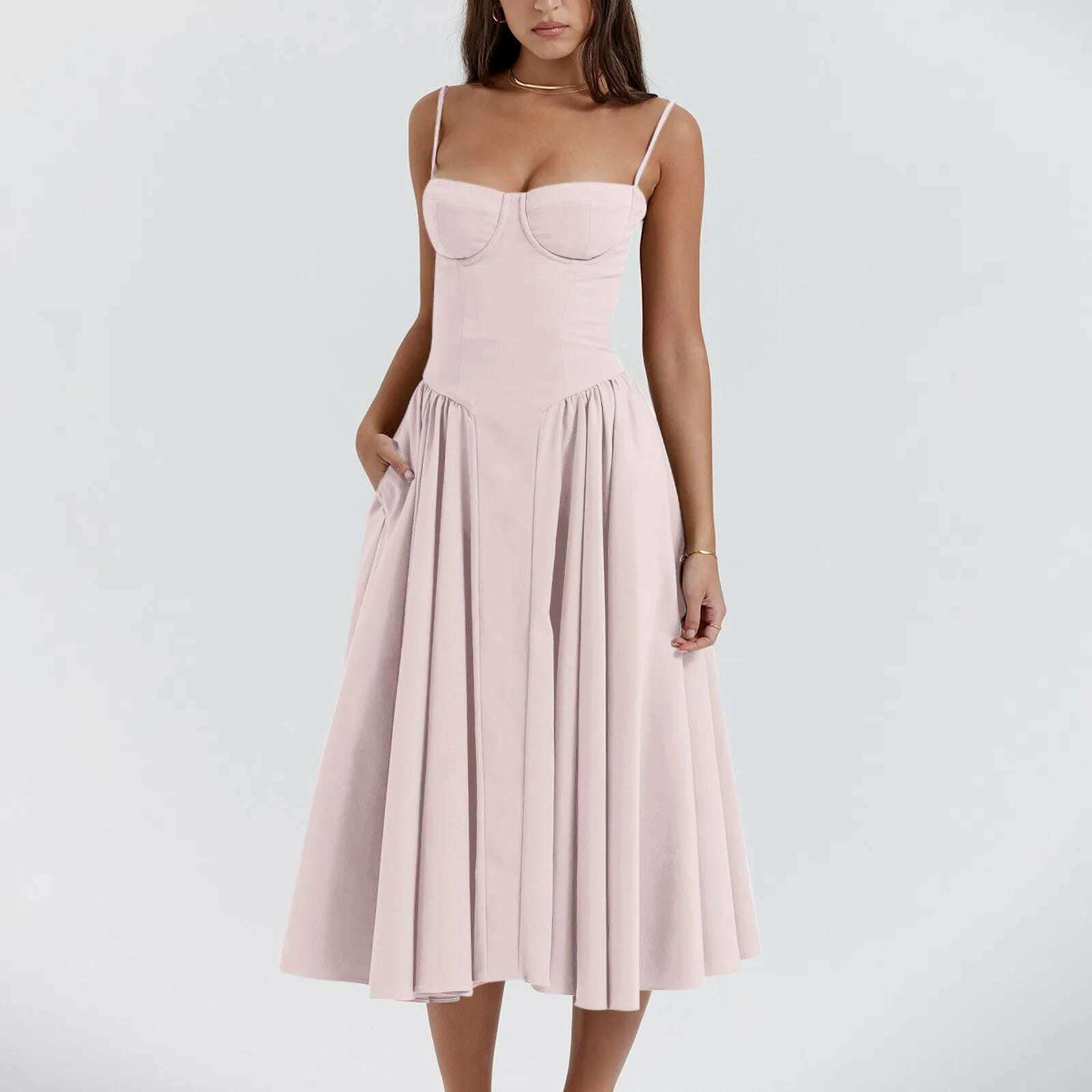 KIMLUD, Elegant Slim Backless Midi Dress Women Fashion Solid Suspender Dresses 2024 New Summer Female Party Evening Robes Vestidos, Pink / L, KIMLUD APPAREL - Womens Clothes