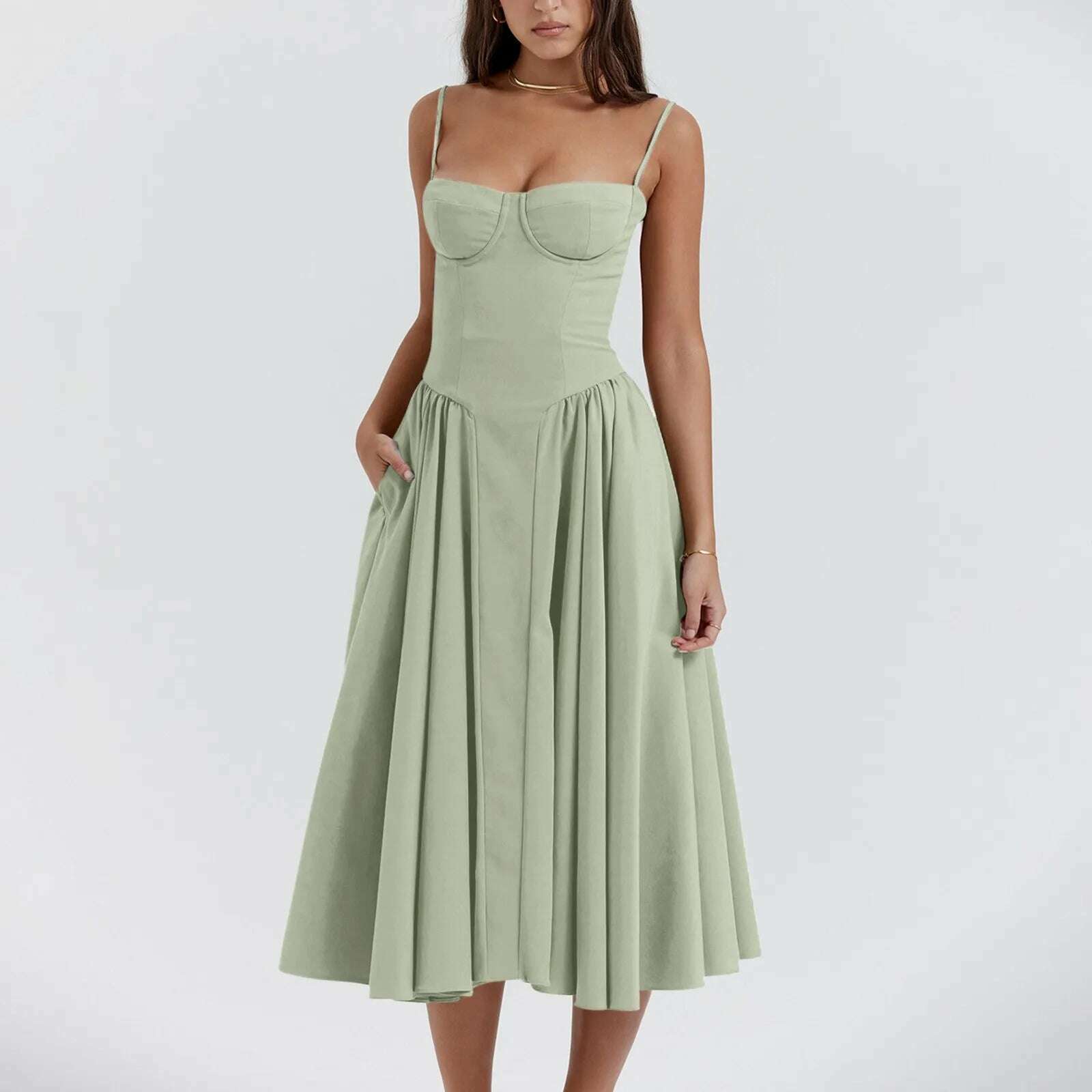 KIMLUD, Elegant Slim Backless Midi Dress Women Fashion Solid Suspender Dresses 2024 New Summer Female Party Evening Robes Vestidos, Light Green / XL, KIMLUD APPAREL - Womens Clothes