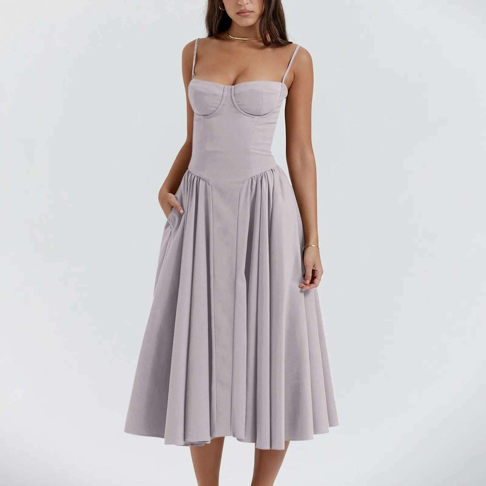 KIMLUD, Elegant Slim Backless Midi Dress Women Fashion Solid Suspender Dresses 2024 New Summer Female Party Evening Robes Vestidos, Light Gray / L, KIMLUD APPAREL - Womens Clothes