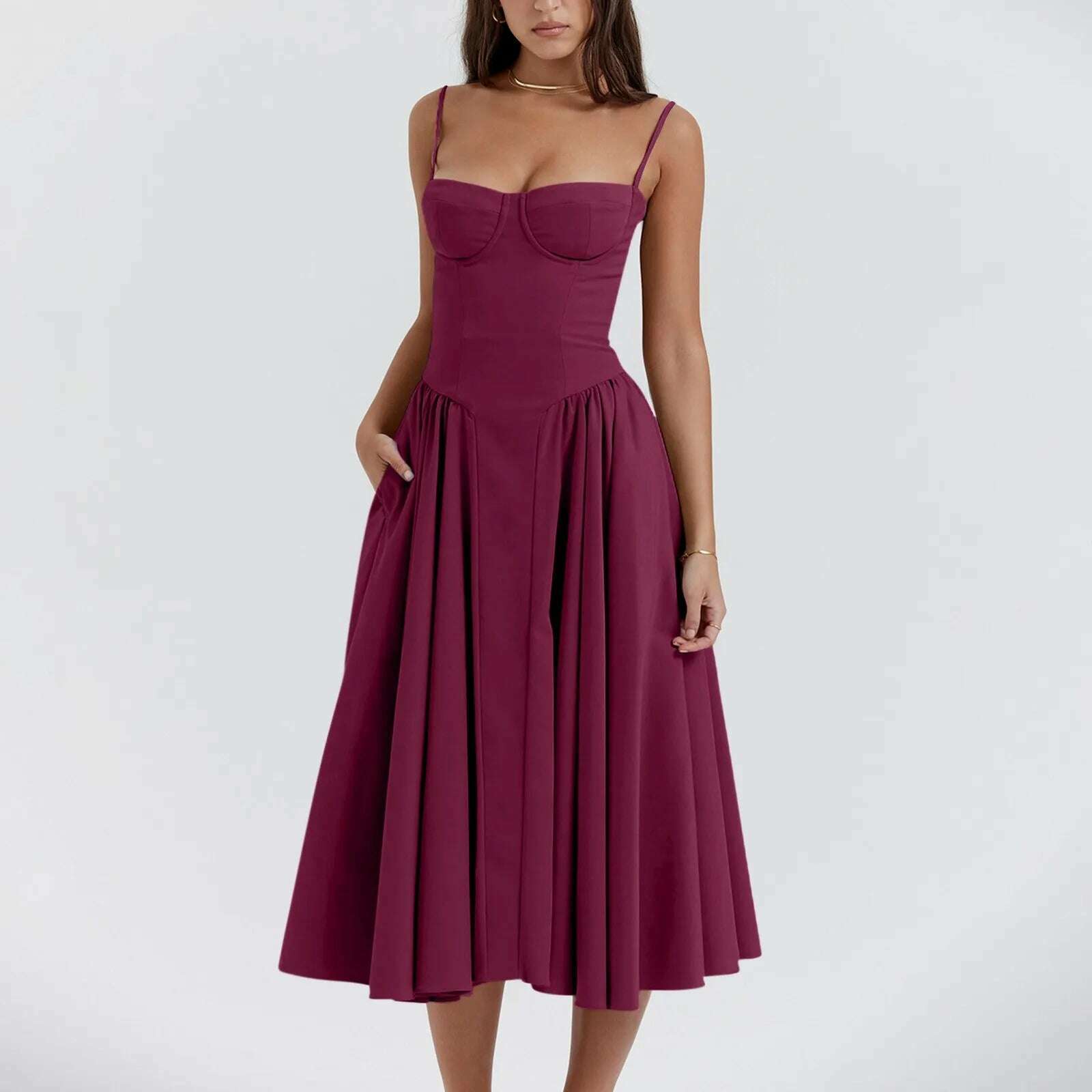 KIMLUD, Elegant Slim Backless Midi Dress Women Fashion Solid Suspender Dresses 2024 New Summer Female Party Evening Robes Vestidos, Hot Pink / XL, KIMLUD APPAREL - Womens Clothes