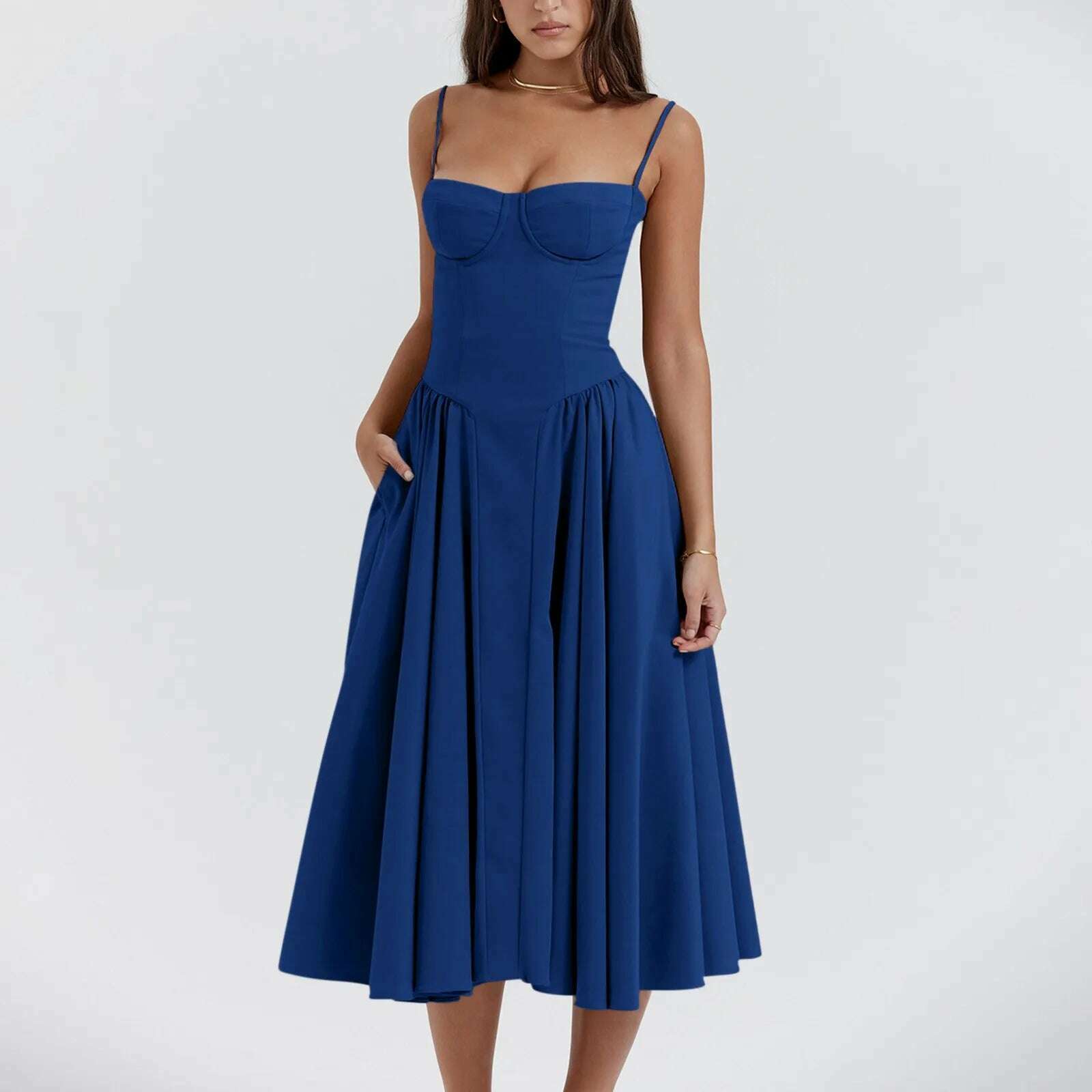 KIMLUD, Elegant Slim Backless Midi Dress Women Fashion Solid Suspender Dresses 2024 New Summer Female Party Evening Robes Vestidos, Dark Blue / XL, KIMLUD APPAREL - Womens Clothes