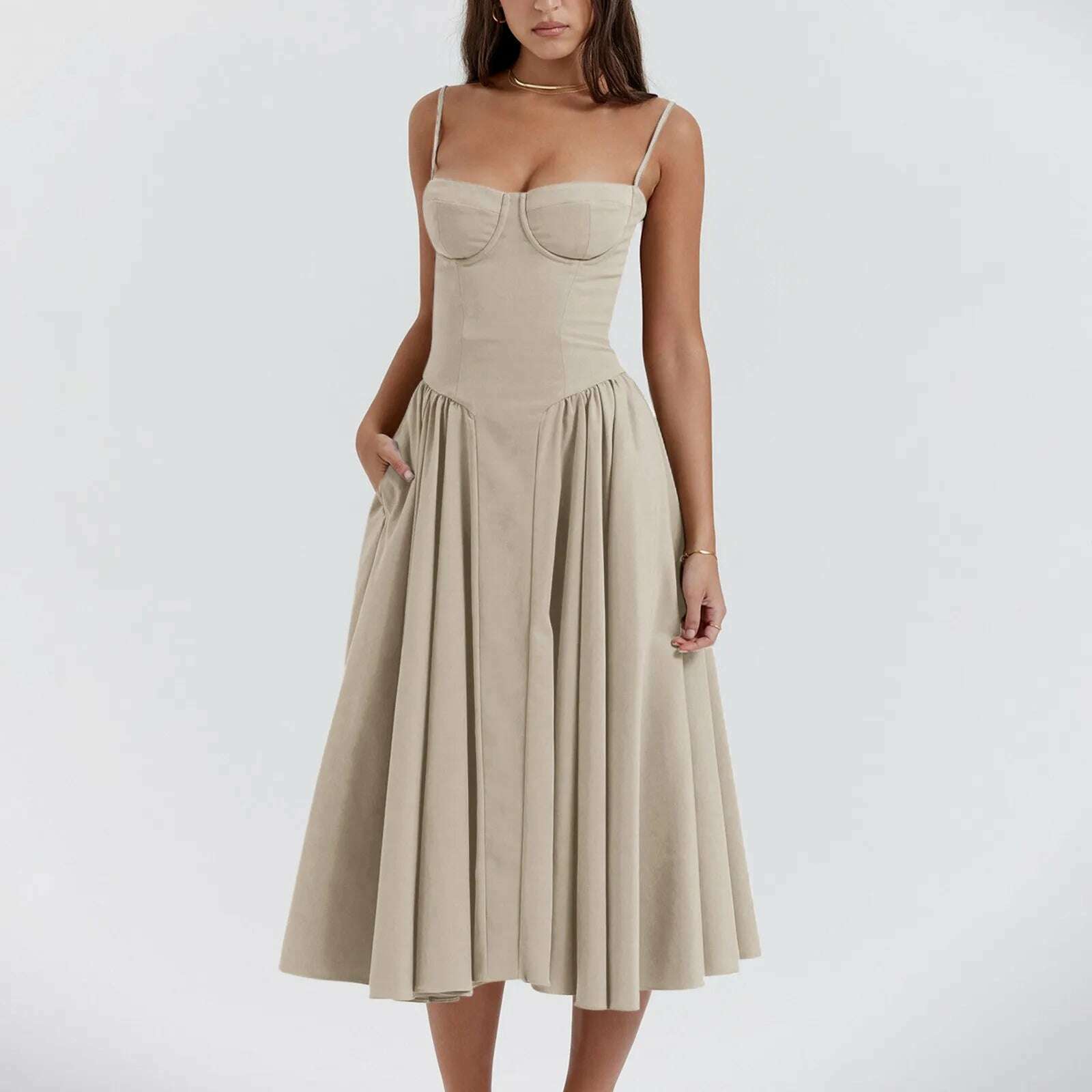 KIMLUD, Elegant Slim Backless Midi Dress Women Fashion Solid Suspender Dresses 2024 New Summer Female Party Evening Robes Vestidos, Coffee / L, KIMLUD APPAREL - Womens Clothes