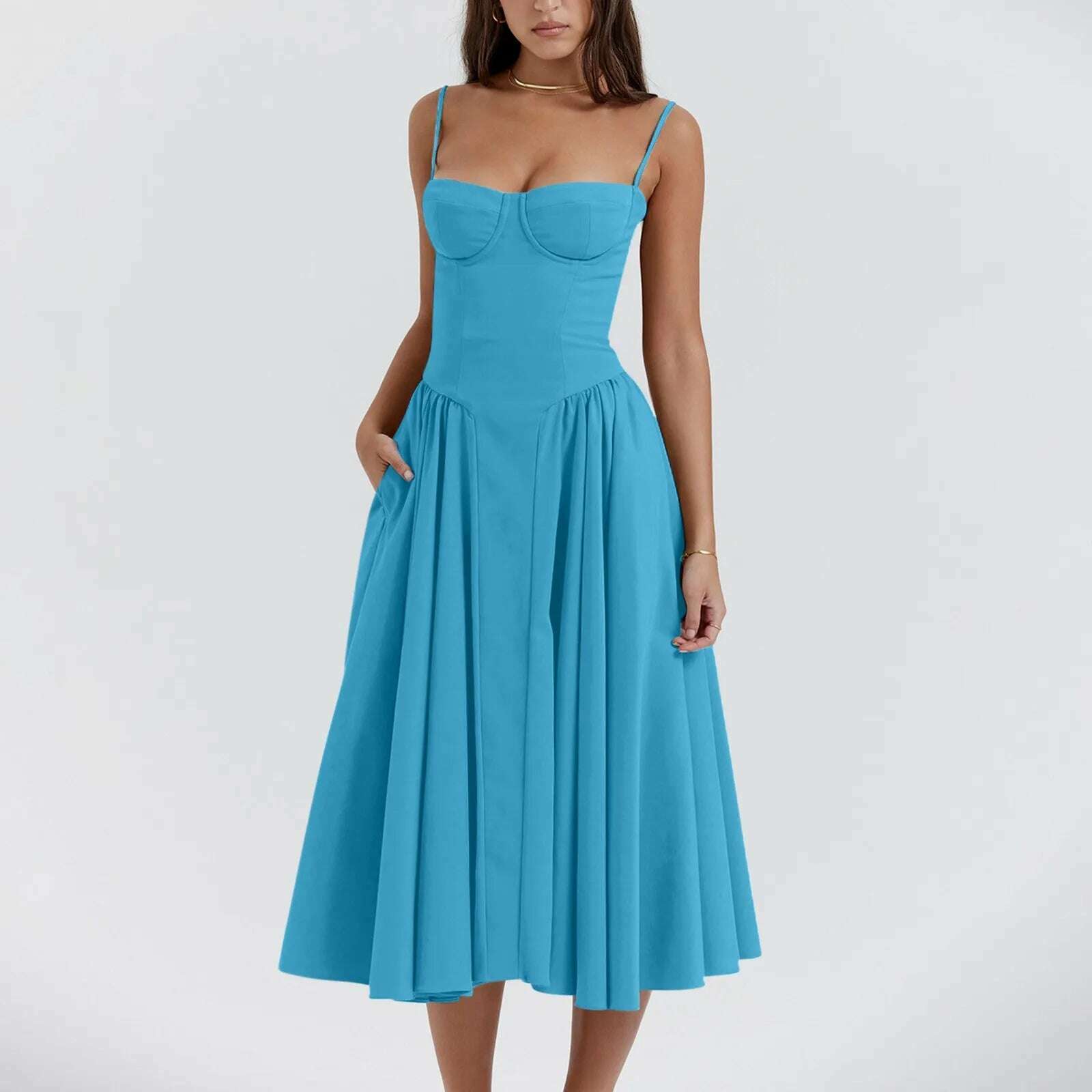 KIMLUD, Elegant Slim Backless Midi Dress Women Fashion Solid Suspender Dresses 2024 New Summer Female Party Evening Robes Vestidos, Blue / XL, KIMLUD APPAREL - Womens Clothes