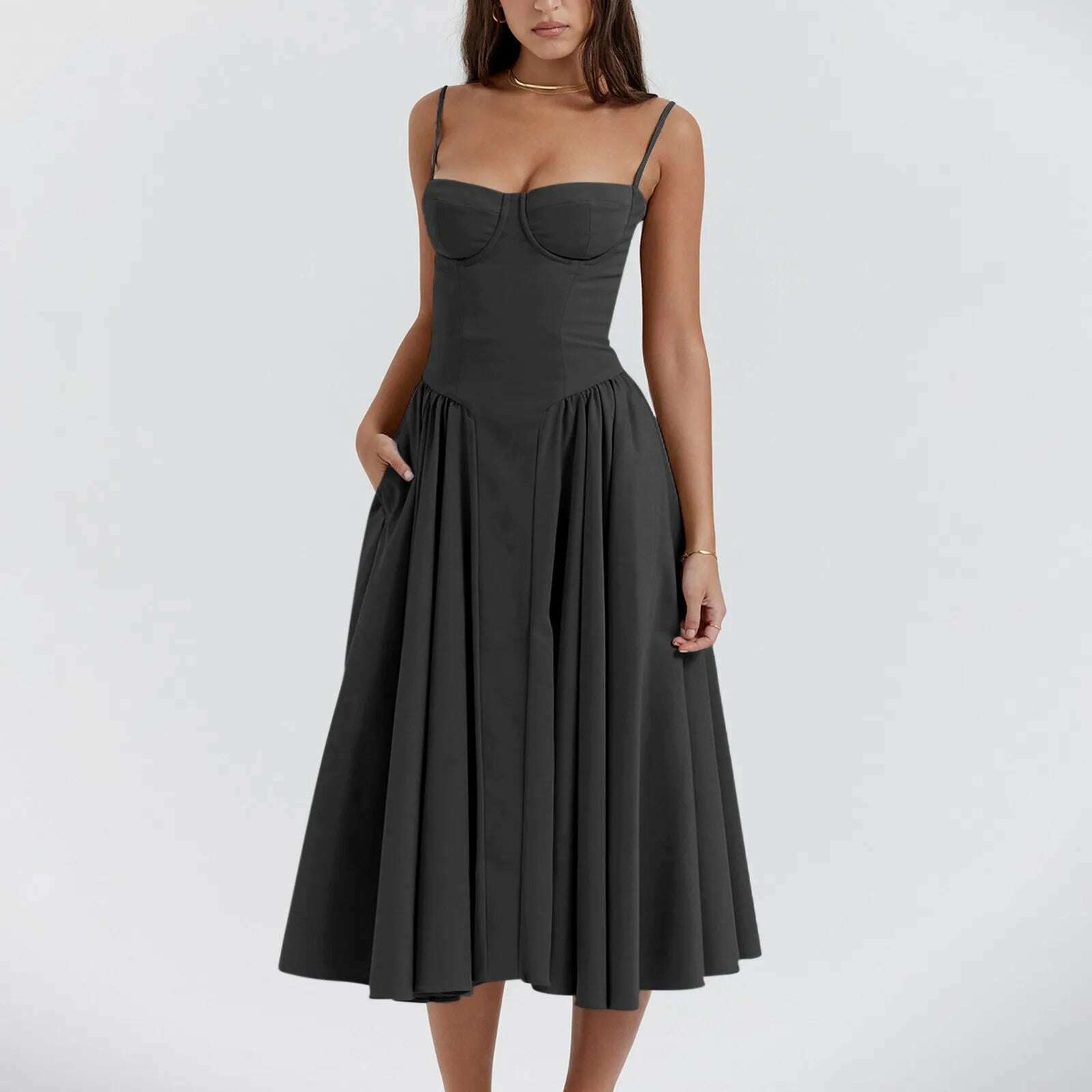 KIMLUD, Elegant Slim Backless Midi Dress Women Fashion Solid Suspender Dresses 2024 New Summer Female Party Evening Robes Vestidos, Black / L, KIMLUD APPAREL - Womens Clothes