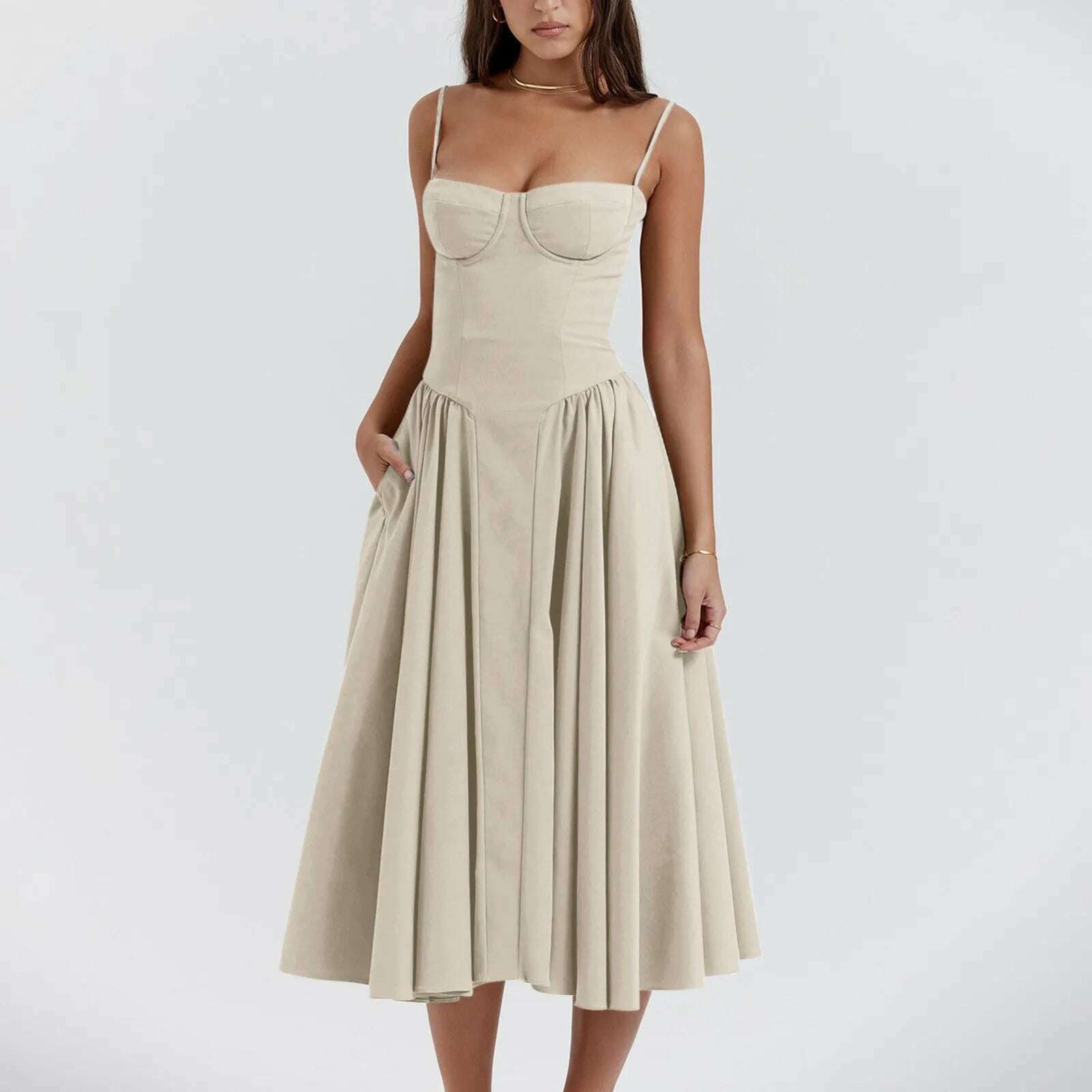 KIMLUD, Elegant Slim Backless Midi Dress Women Fashion Solid Suspender Dresses 2024 New Summer Female Party Evening Robes Vestidos, Beige / XL, KIMLUD APPAREL - Womens Clothes