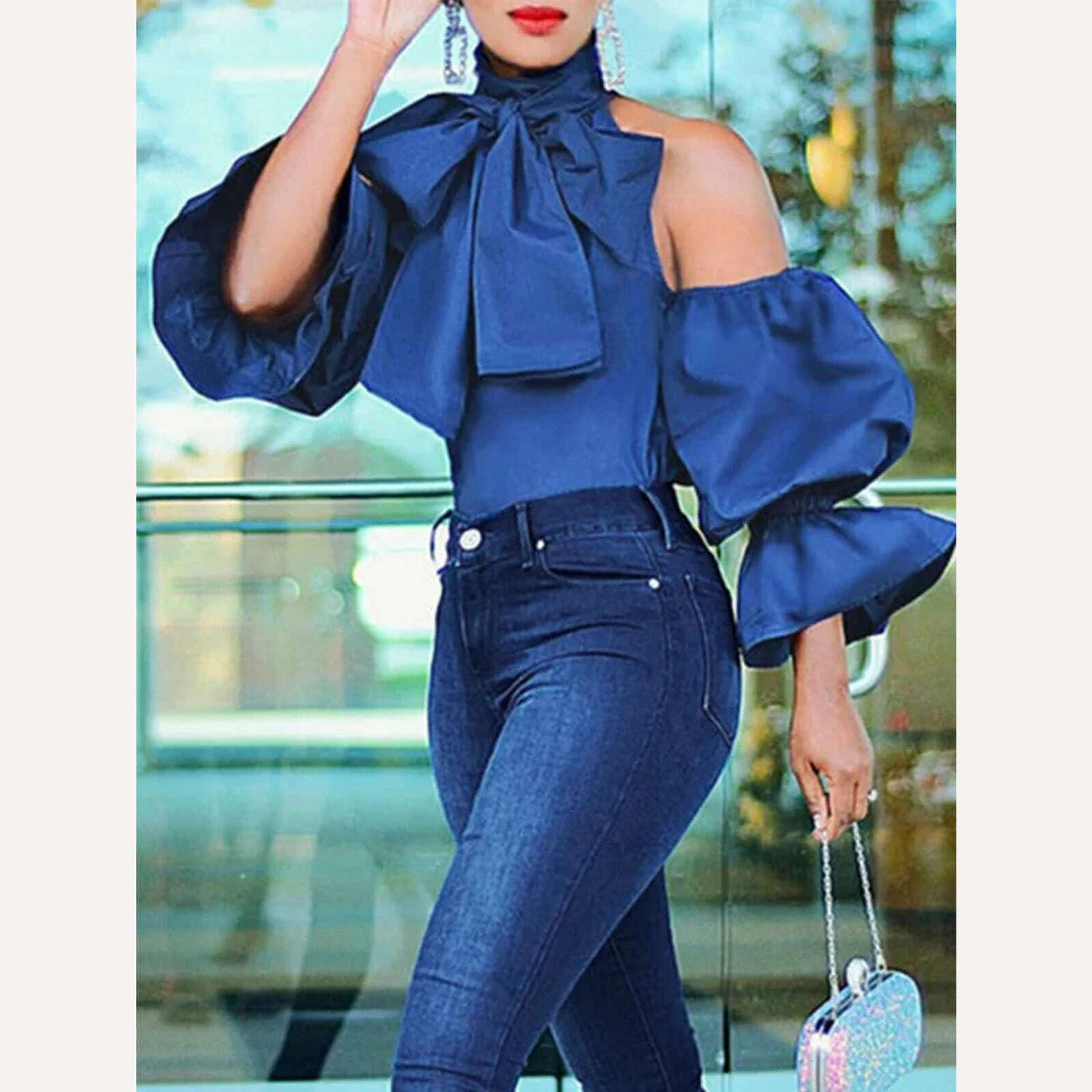 KIMLUD, Elegant Solid Cold Shoulder Long Sleeve Top Bow Lantern Sleeve Ruffles Birthday Cocktail Occasion Pullover Evening Party Blouse, Blue / S / CHINA, KIMLUD Womens Clothes