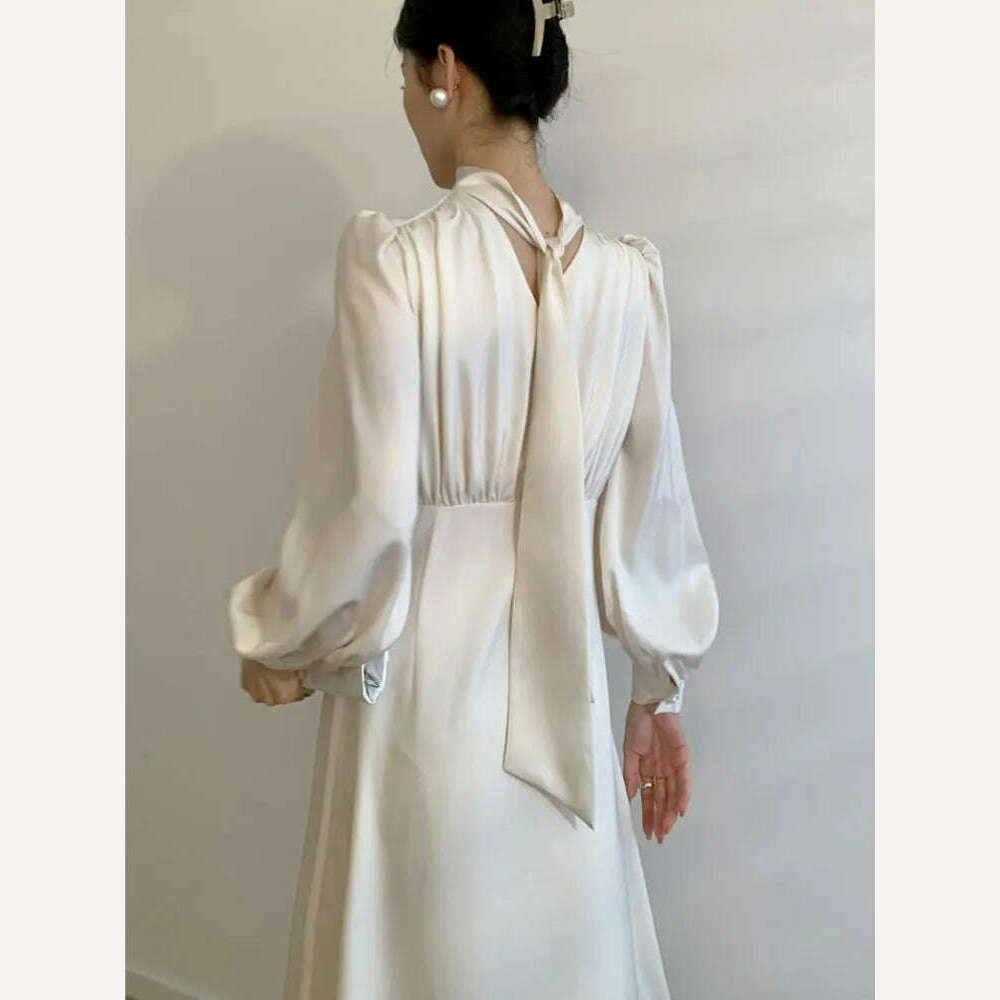 KIMLUD, Elegant Solid Satin Dress Women Long Sleeves Autumn Spring Evening Party Slim Robe France Vintage Female Chic One Piece Vestidos, KIMLUD Womens Clothes