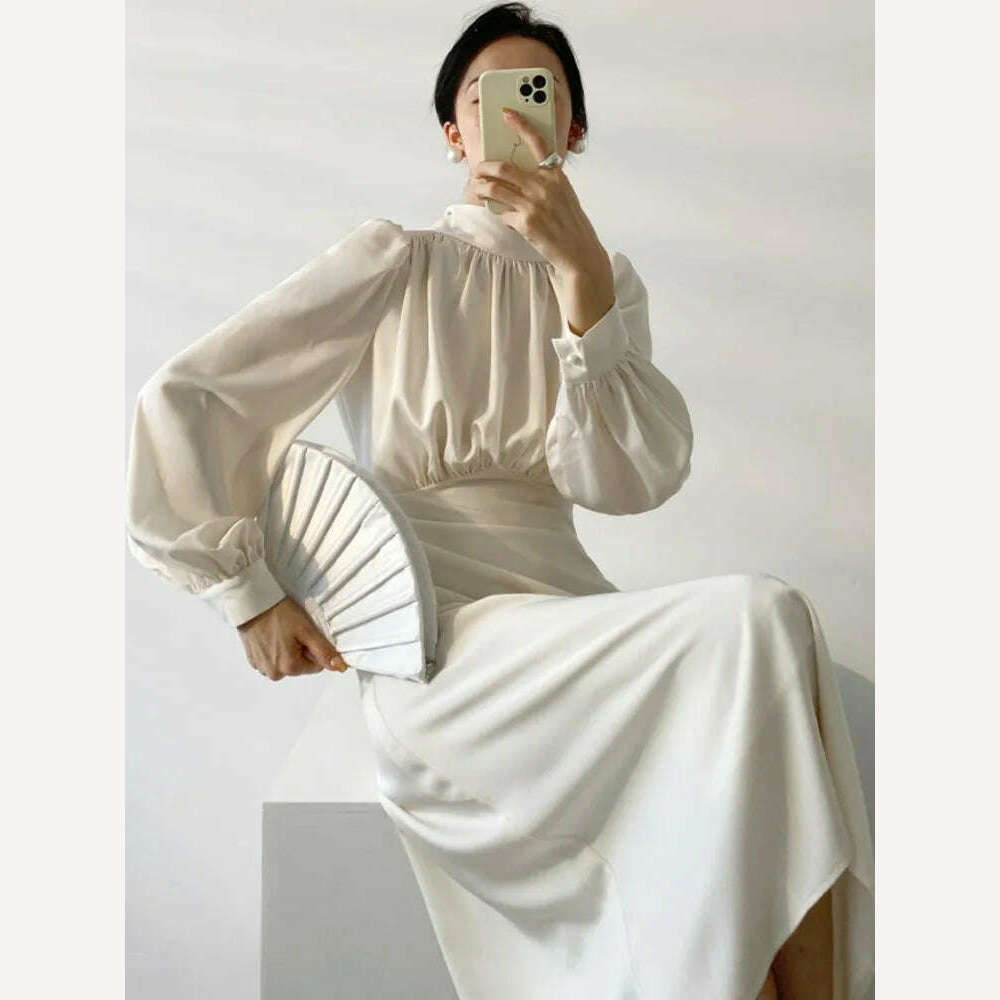 KIMLUD, Elegant Solid Satin Dress Women Long Sleeves Autumn Spring Evening Party Slim Robe France Vintage Female Chic One Piece Vestidos, KIMLUD Womens Clothes