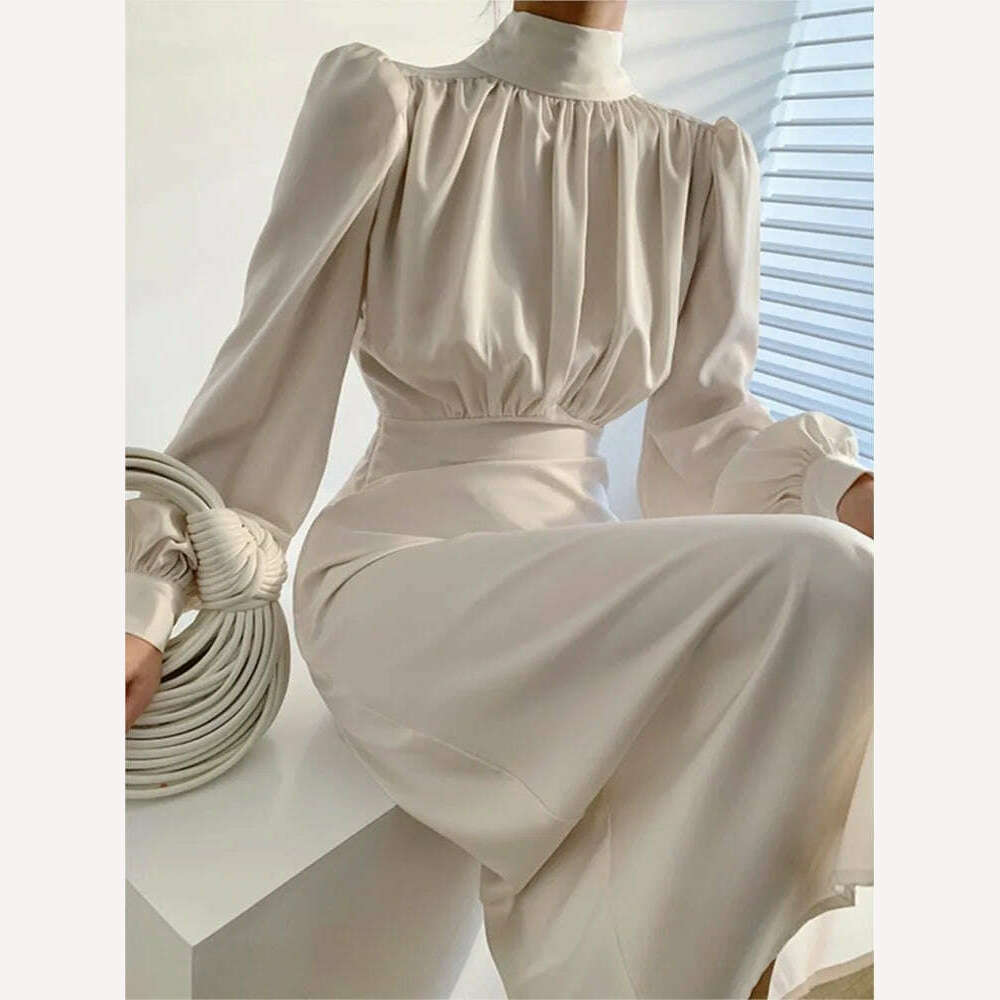 KIMLUD, Elegant Solid Satin Dress Women Long Sleeves Autumn Spring Evening Party Slim Robe France Vintage Female Chic One Piece Vestidos, beige / S, KIMLUD APPAREL - Womens Clothes