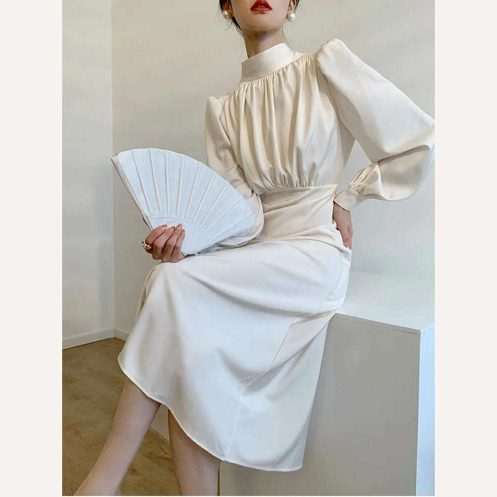 KIMLUD, Elegant Solid Satin Dress Women Long Sleeves Autumn Spring Evening Party Slim Robe France Vintage Female Chic One Piece Vestidos, KIMLUD Womens Clothes