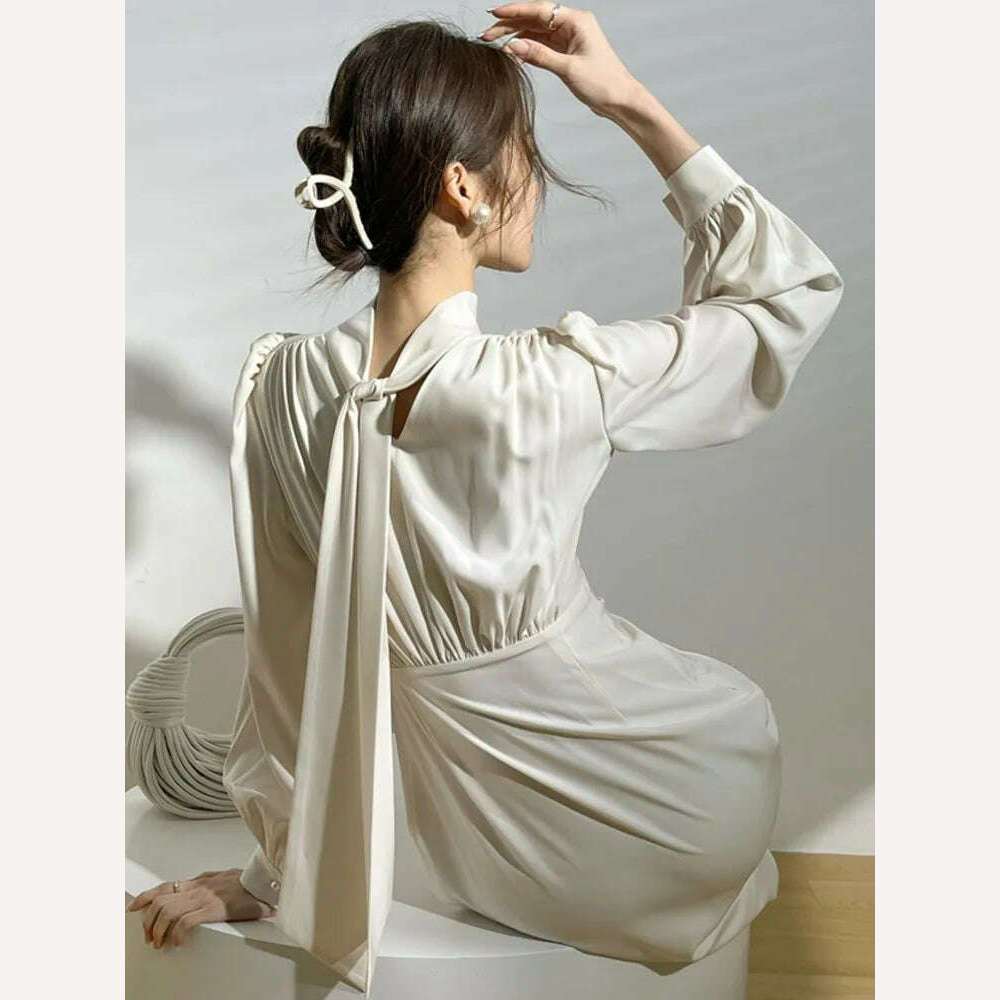 KIMLUD, Elegant Solid Satin Dress Women Long Sleeves Autumn Spring Evening Party Slim Robe France Vintage Female Chic One Piece Vestidos, KIMLUD Womens Clothes