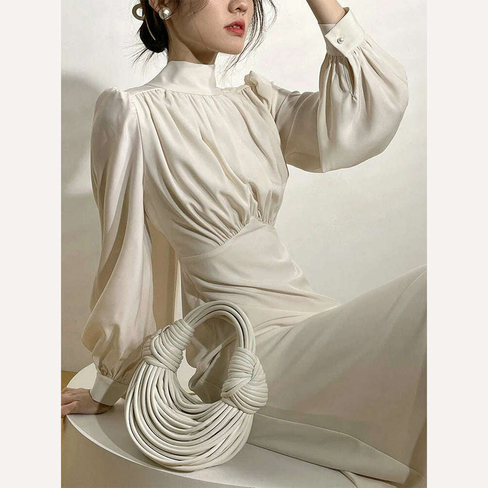 KIMLUD, Elegant Solid Satin Dress Women Long Sleeves Autumn Spring Evening Party Slim Robe France Vintage Female Chic One Piece Vestidos, KIMLUD Womens Clothes