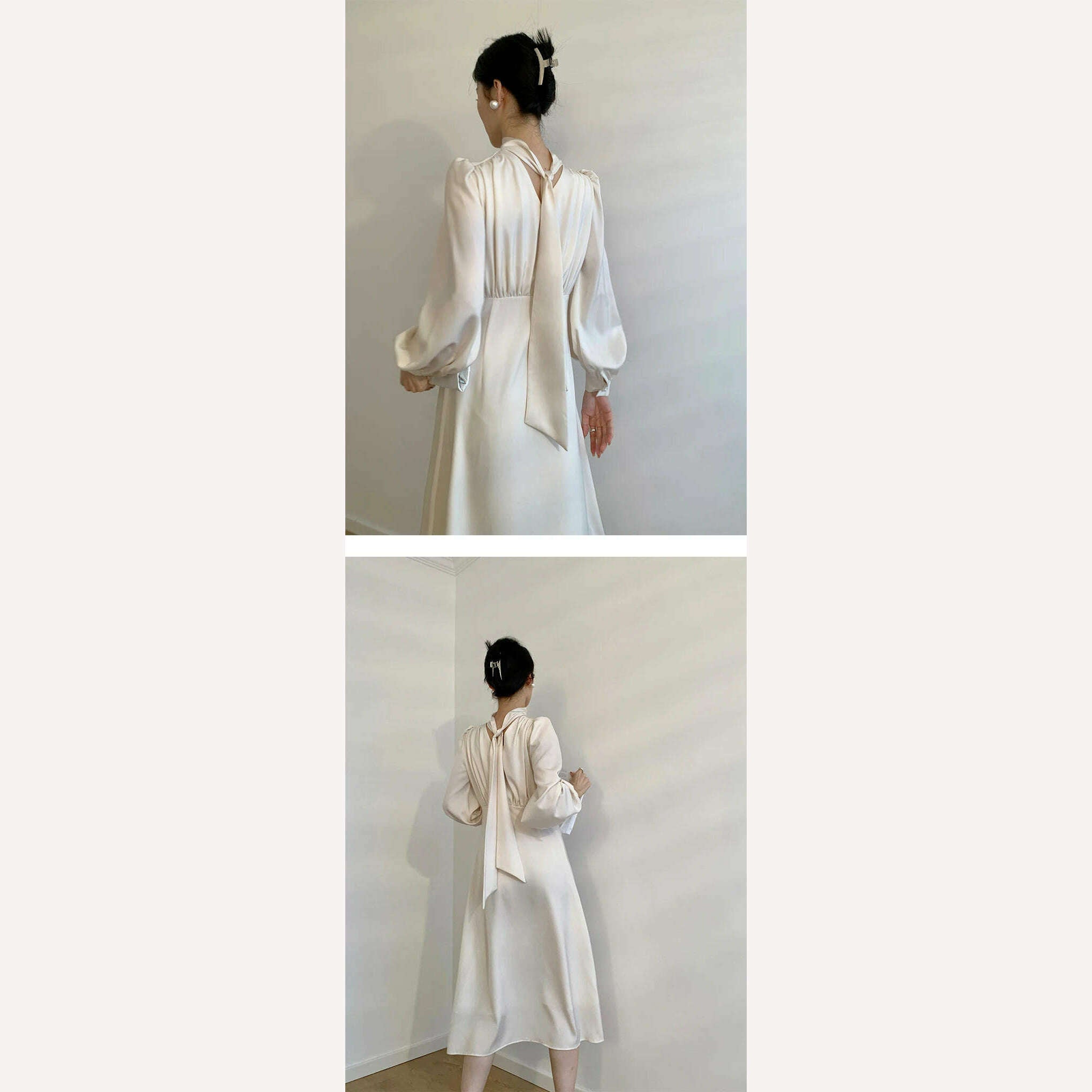 KIMLUD, Elegant Solid Satin Dress Women Long Sleeves Autumn Spring Evening Party Slim Robe France Vintage Female Chic One Piece Vestidos, KIMLUD Womens Clothes