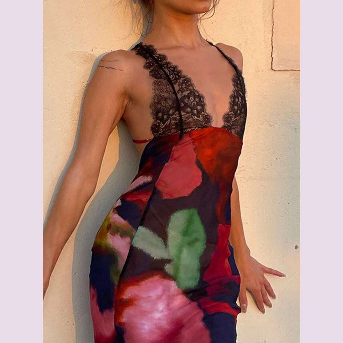 KIMLUD, Elegant Tie Dye Floral Chiffon Dress For Women 2023 Summer Sexy Bandage Backless Lace Long Dresses Female Beach Evening Robe, KIMLUD Womens Clothes