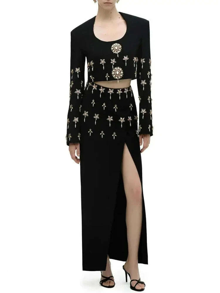 Elegant Two Piece Set Sexy Long Sleeves Diamonds Top + Long Split Bodycon Skirt Bandage Suits Runway Evening Party Dress Sets