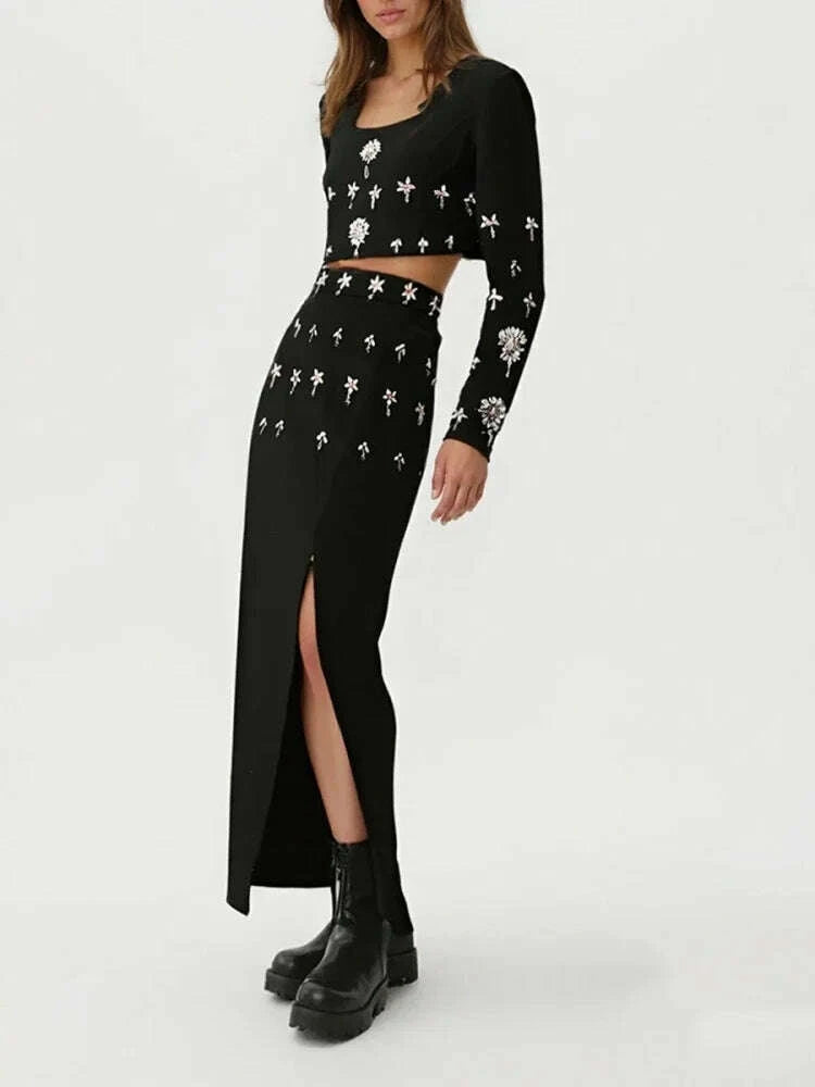 Elegant Two Piece Set Sexy Long Sleeves Diamonds Top + Long Split Bodycon Skirt Bandage Suits Runway Evening Party Dress Sets
