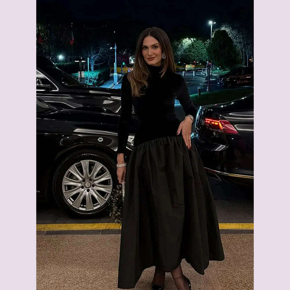 KIMLUD, Elegant Velvet Patchwork Pleated Hem Black Maxi Dress Chic Mock Turtleneck Full Sleeve A-line Robes 2024 Winter Lady Party Gowns, KIMLUD Womens Clothes