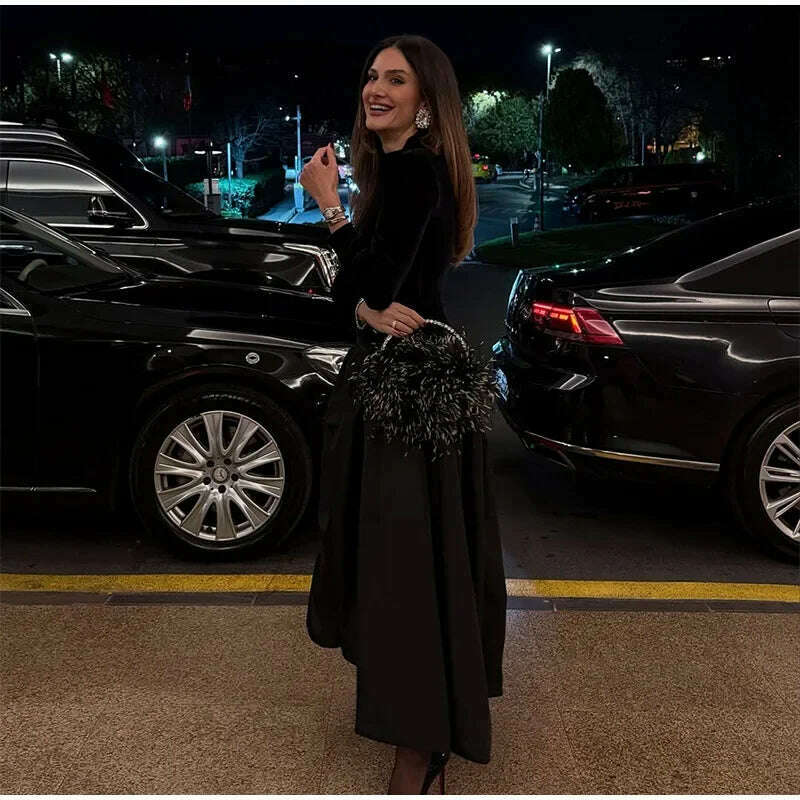 KIMLUD, Elegant Velvet Patchwork Pleated Hem Black Maxi Dress Chic Mock Turtleneck Full Sleeve A-line Robes 2024 Winter Lady Party Gowns, KIMLUD Womens Clothes