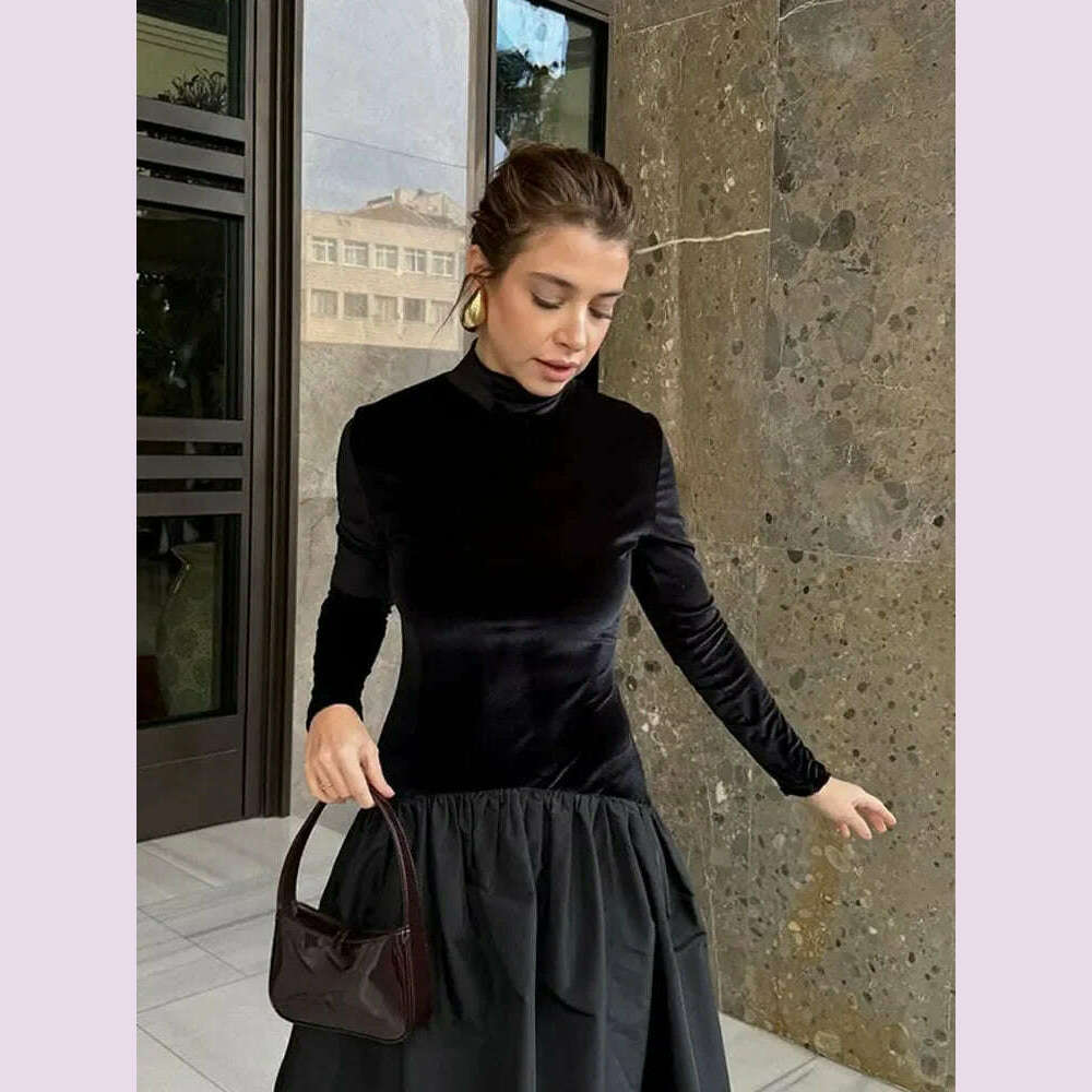 KIMLUD, Elegant Velvet Patchwork Pleated Hem Black Maxi Dress Chic Mock Turtleneck Full Sleeve A-line Robes 2024 Winter Lady Party Gowns, Black / M, KIMLUD APPAREL - Womens Clothes