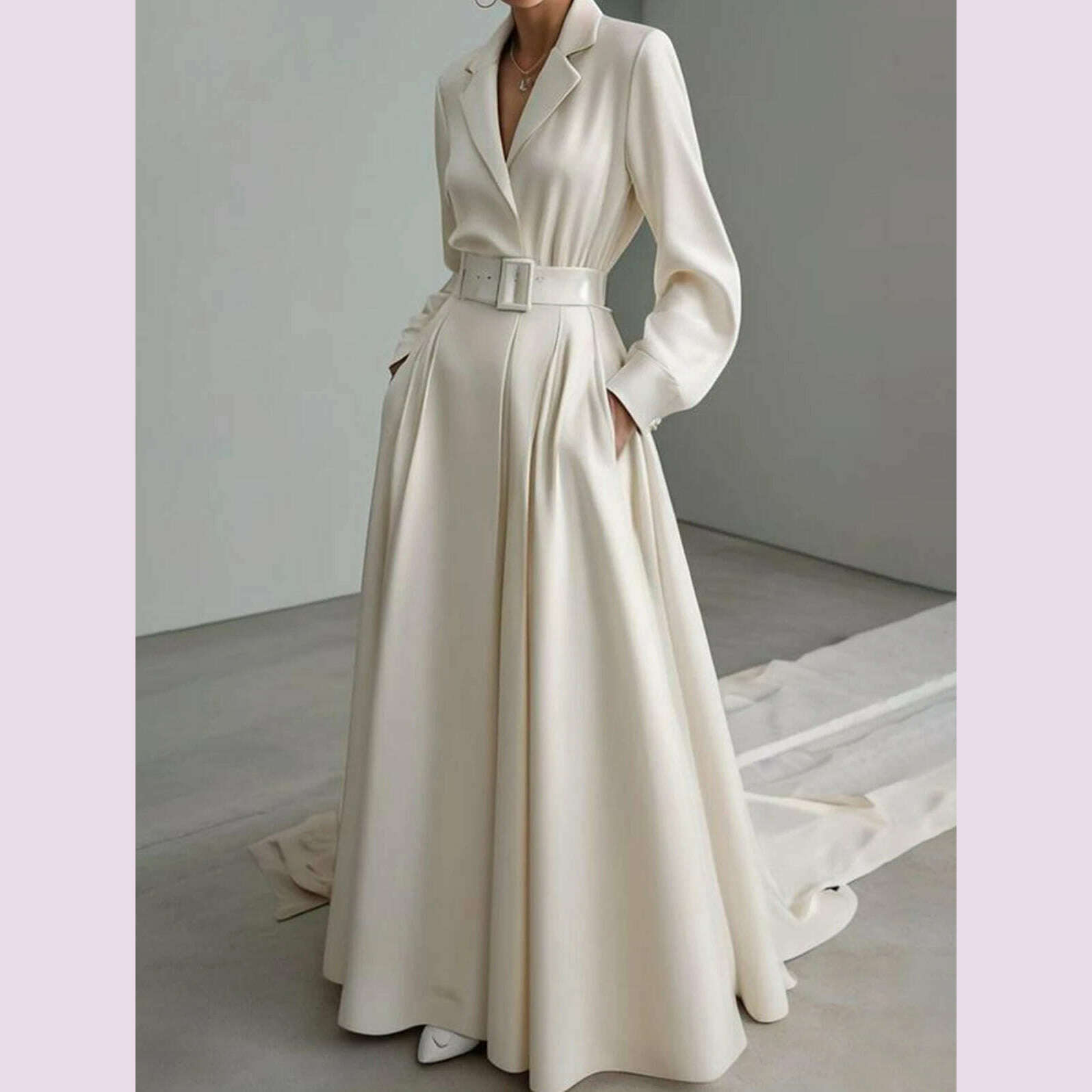 Elegant Vintage Bohemian Dress For Women Summer Casual Loose Suit Collar Long Sleeve Pocket Belt A Line Long Dresses Maxi Dress - KIMLUD