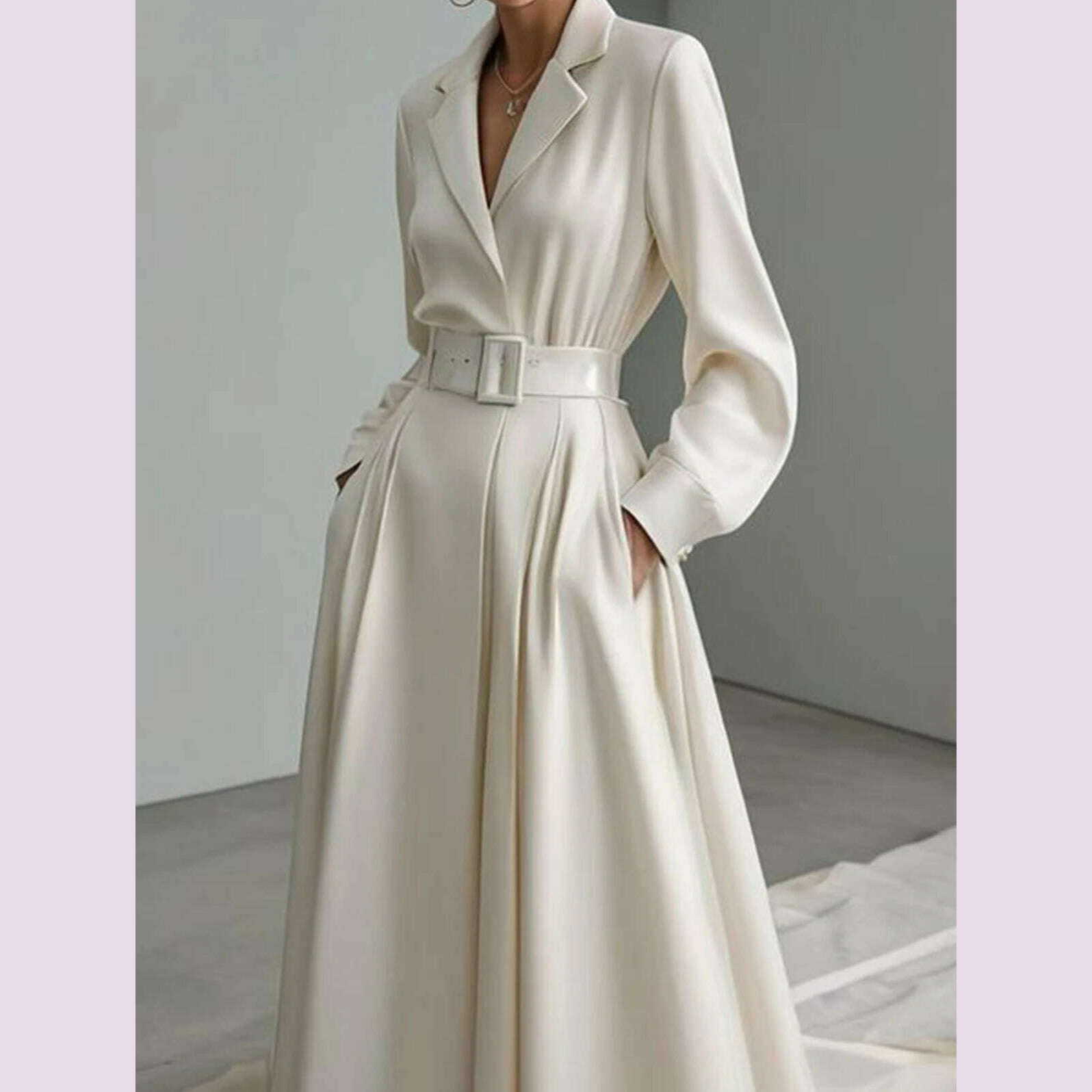 Elegant Vintage Bohemian Dress For Women Summer Casual Loose Suit Collar Long Sleeve Pocket Belt A Line Long Dresses Maxi Dress - KIMLUD