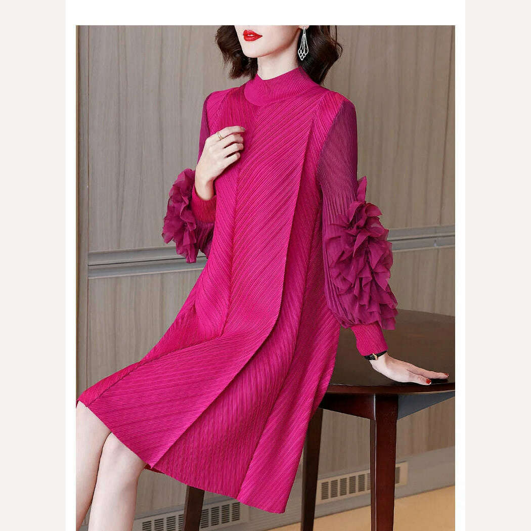 Elegant Vintage Style DEAT Woman Pleated Midi Dress with Ruffles Mesh Long Sleeve Half Turtleneck for Early Autumn Fashion - KIMLUD
