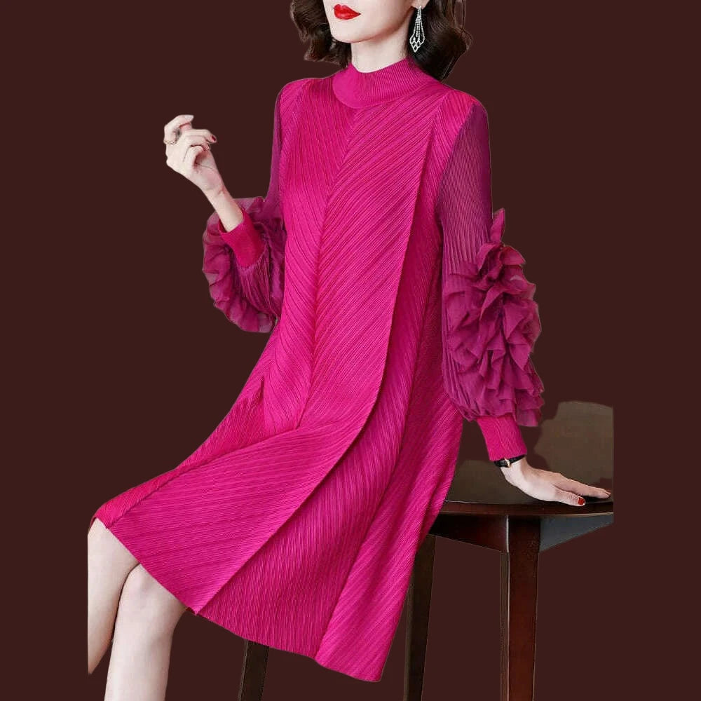 Elegant Vintage Style DEAT Woman Pleated Midi Dress with Ruffles Mesh Long Sleeve Half Turtleneck for Early Autumn Fashion - KIMLUD